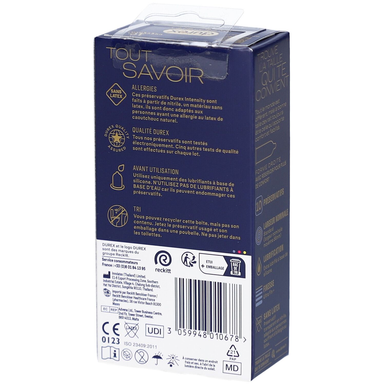 Dos de la boîte bleue foncée. Texte sur les allergies, la qualité, l'utilisation et l'élimination. Code-barres et logos.