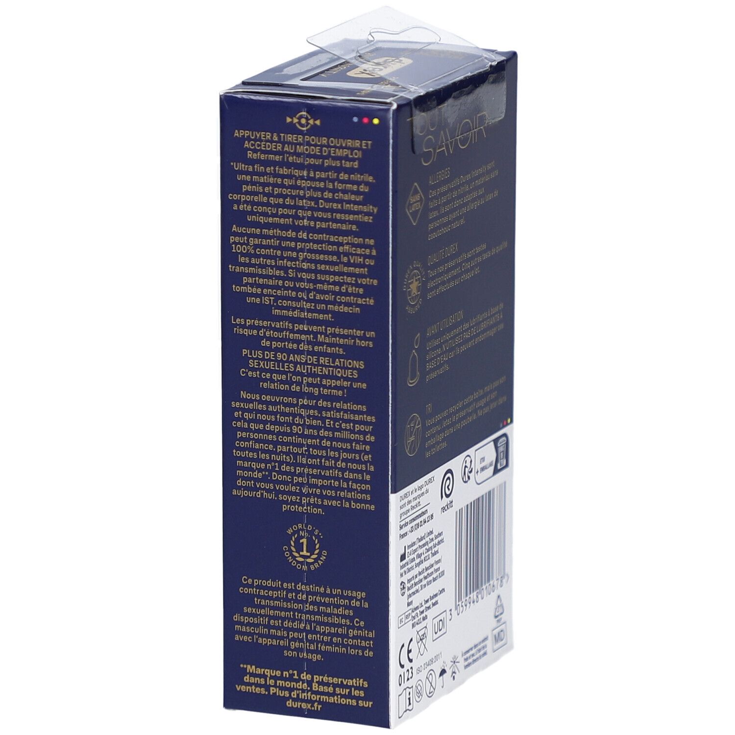 Boîte bleue foncée avec texte. Informations sur l'utilisation et la sécurité. Logos et code-barres.