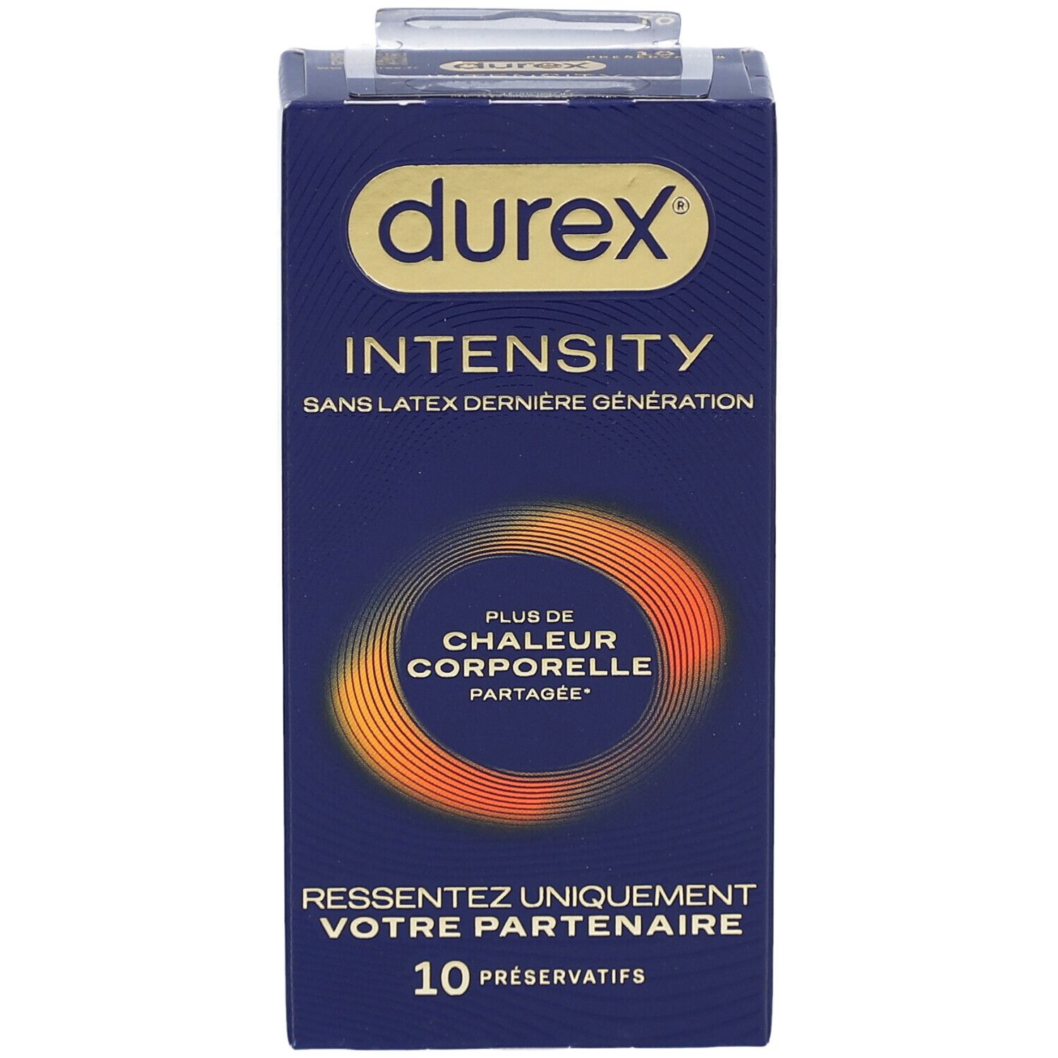 Boîte bleue foncée "durex INTENSITY". Contient 10 préservatifs. Cercle orange avec texte. Ouverture transparente.