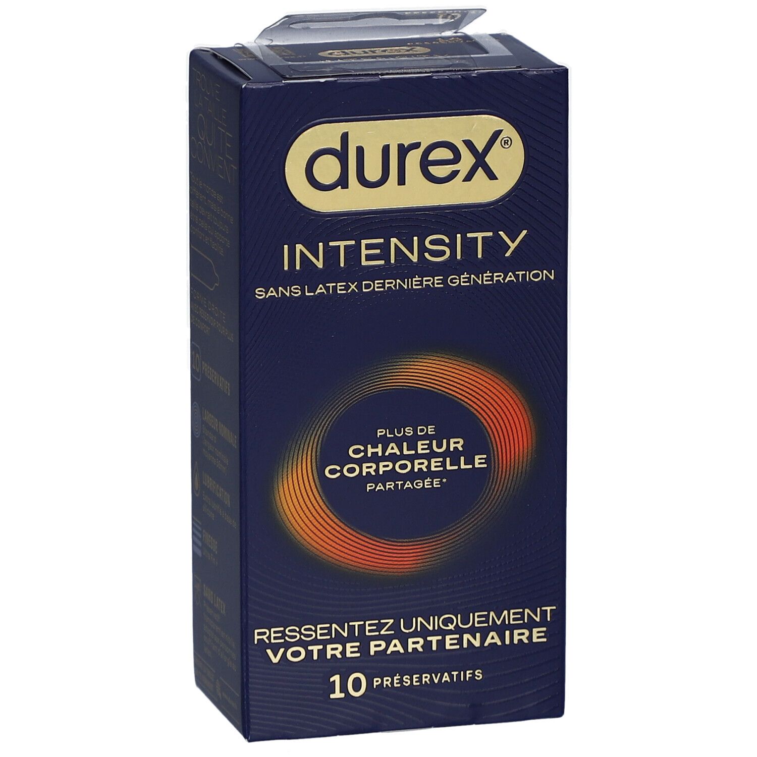 Boîte bleue foncée "durex INTENSITY". Contient 10 préservatifs. Cercle orange avec texte. Ouverture transparente.