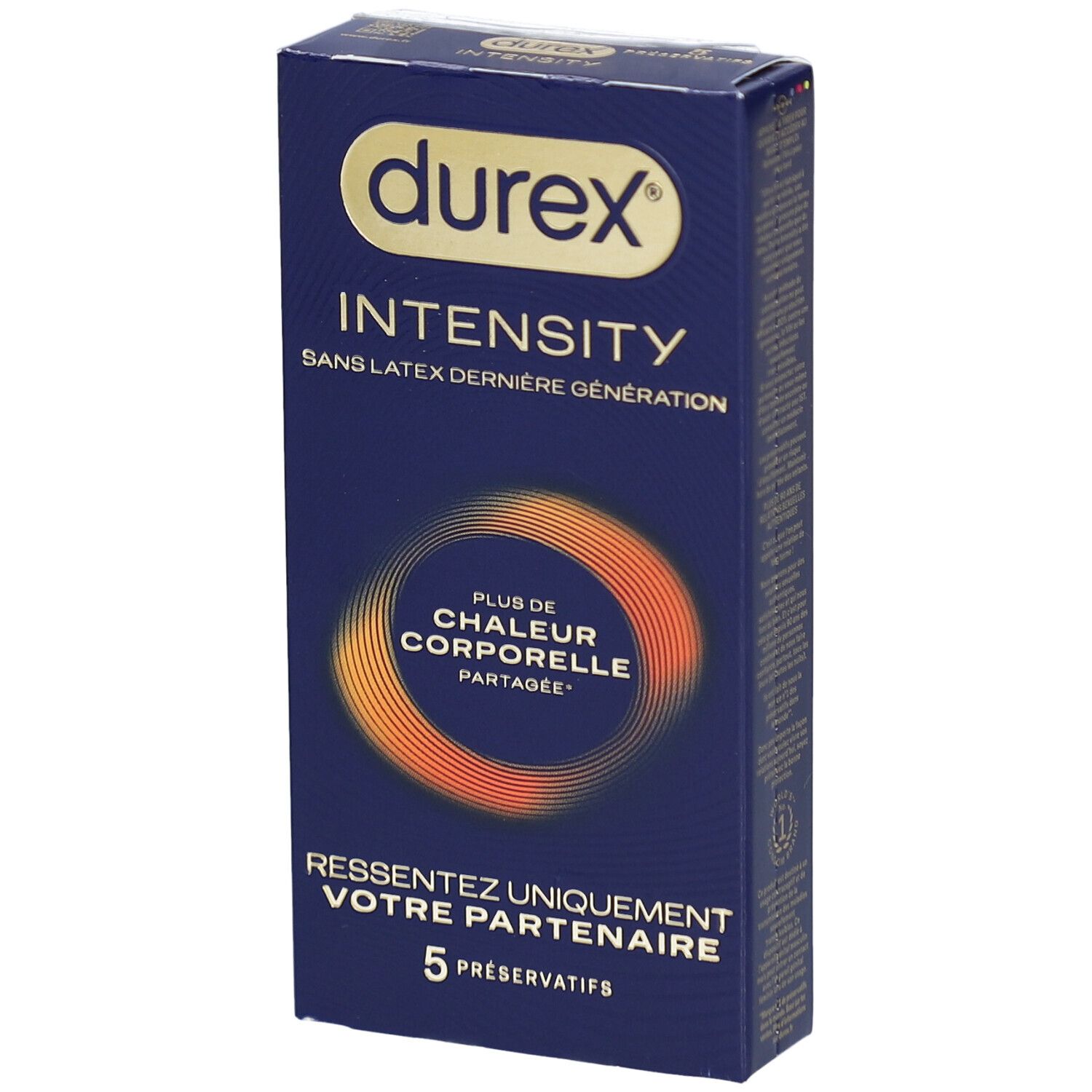 Boîte de préservatifs Durex Intensity. Boîte bleue avec nom du produit et 5 préservatifs. Cercle orange.