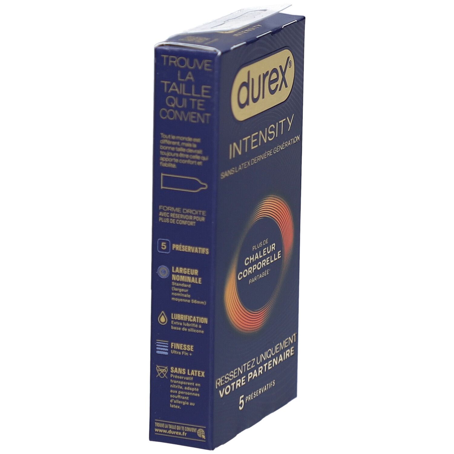 Boîte de préservatifs Durex Intensity. Boîte bleue avec informations et 5 préservatifs. Vue latérale.
