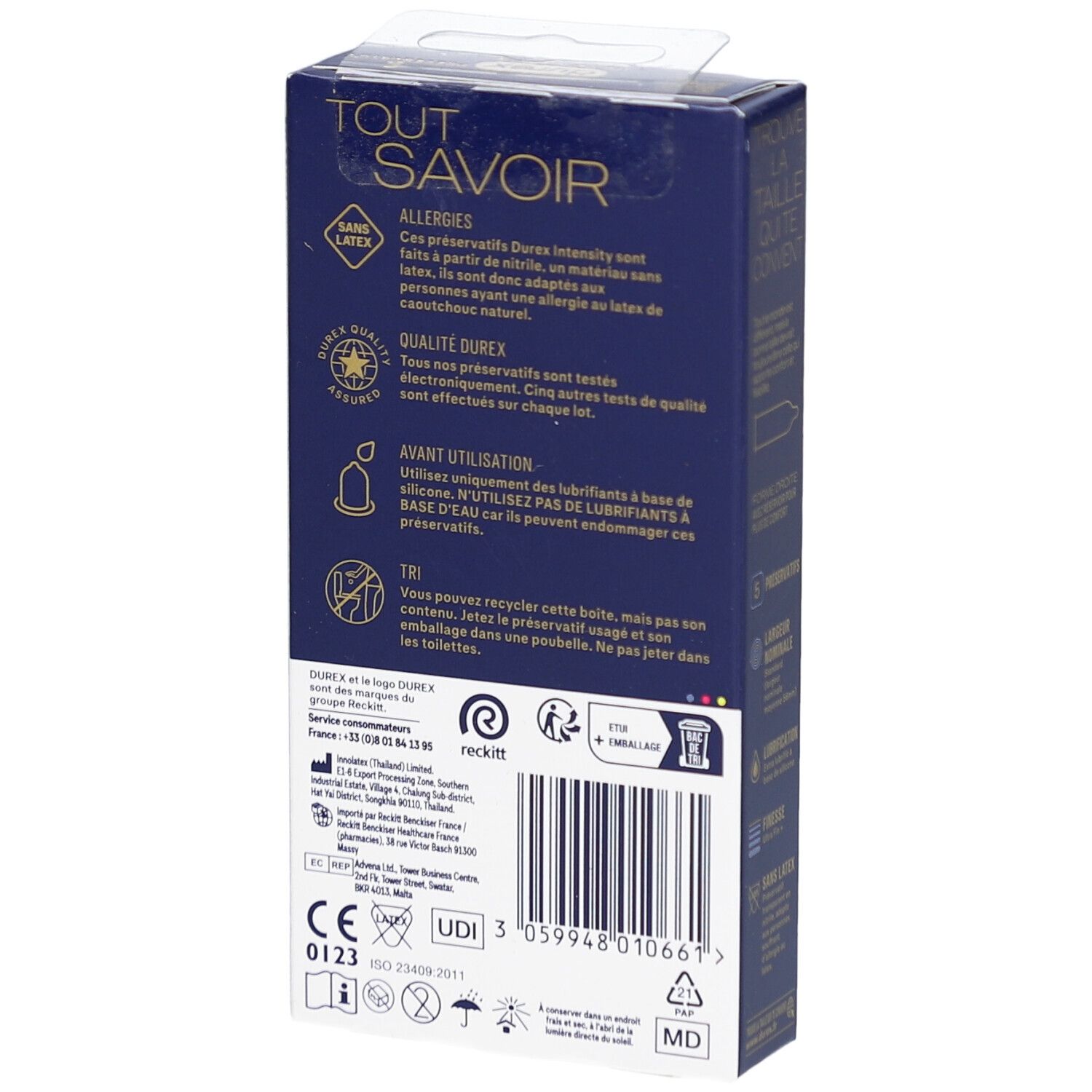 Dos de la boîte de préservatifs Durex Intensity. Boîte bleue avec texte et logos. Informations sur les ingrédients.