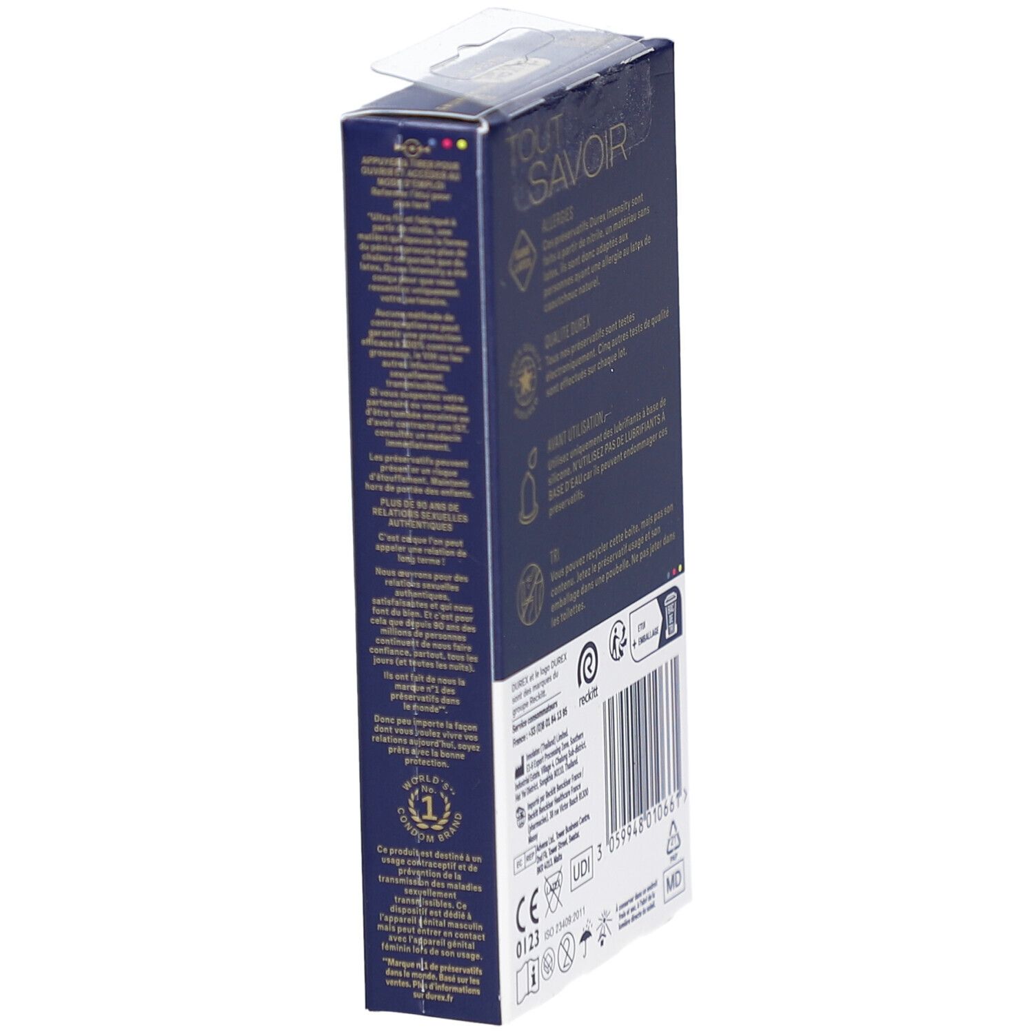 Côté de la boîte de préservatifs Durex Intensity. Boîte bleue avec texte et logos. Informations d'utilisation.