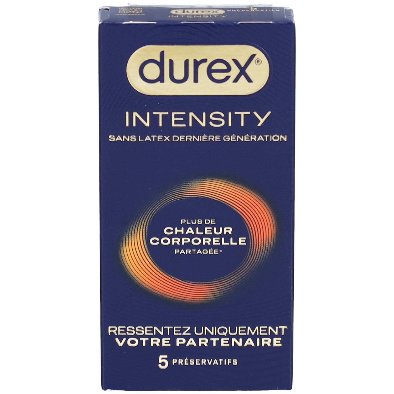 Boîte de préservatifs Durex Intensity. Boîte bleue avec nom du produit et 5 préservatifs. Cercle orange.