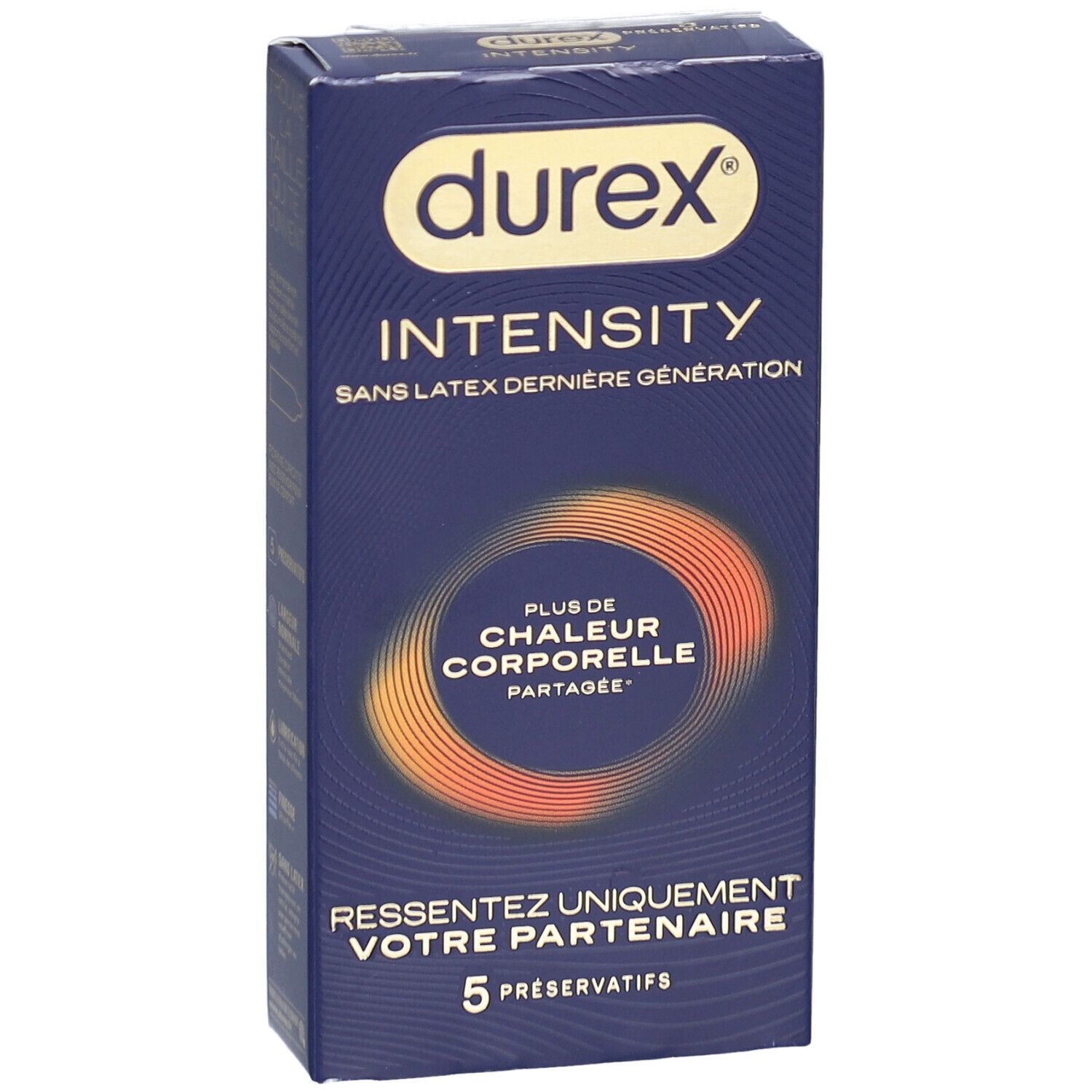 Boîte de préservatifs Durex Intensity. Boîte bleue avec nom du produit et 5 préservatifs. Cercle orange.