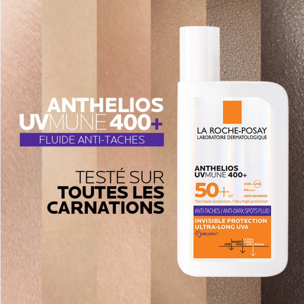 Flacon devant différents tons de peau. Texte: Anthelios UVMUNE 400+ 50+. Testé sur toutes les carnations.