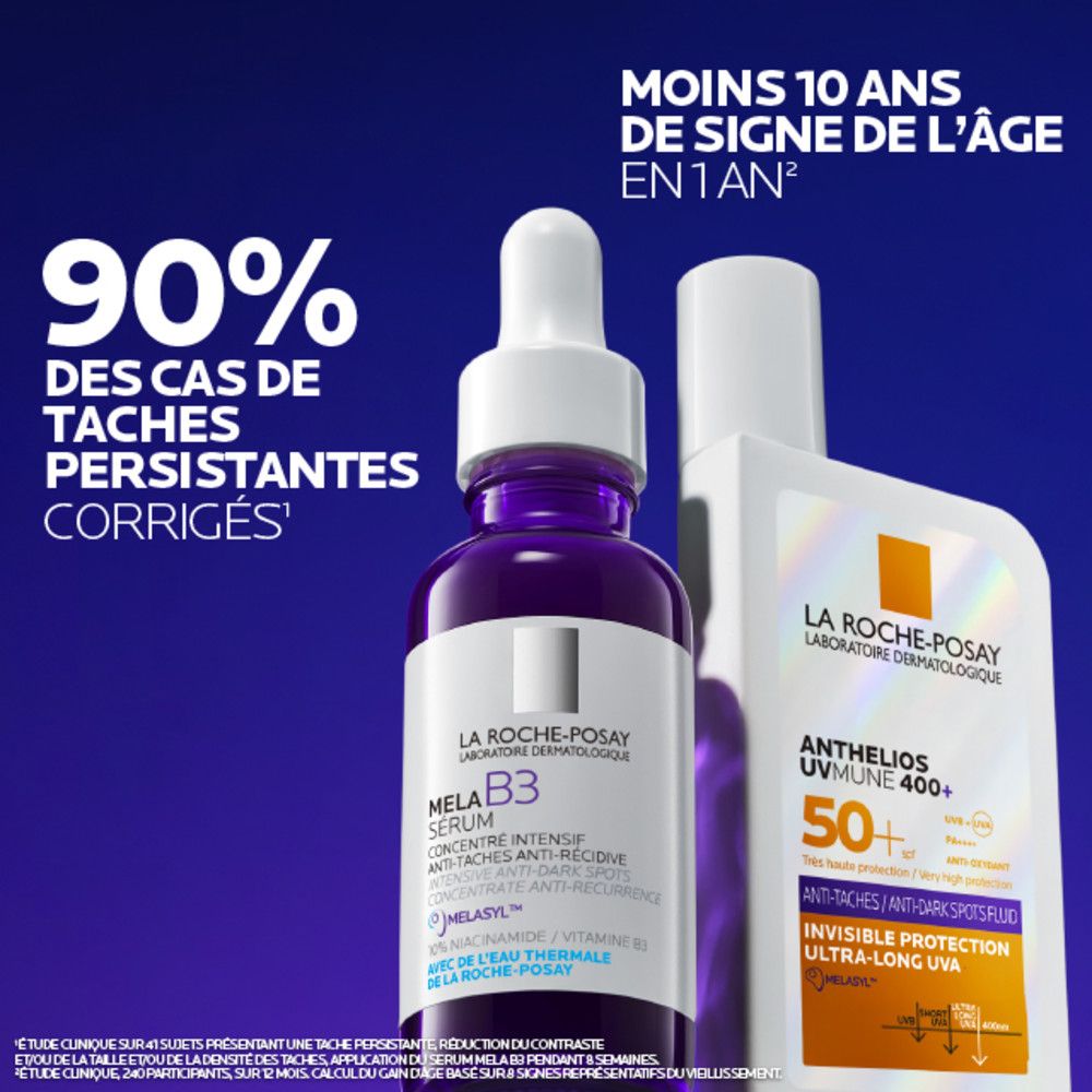 Sérum et flacon. Texte: Anthelios UVMUNE 400+ 50+. 90% des taches persistantes corrigées.