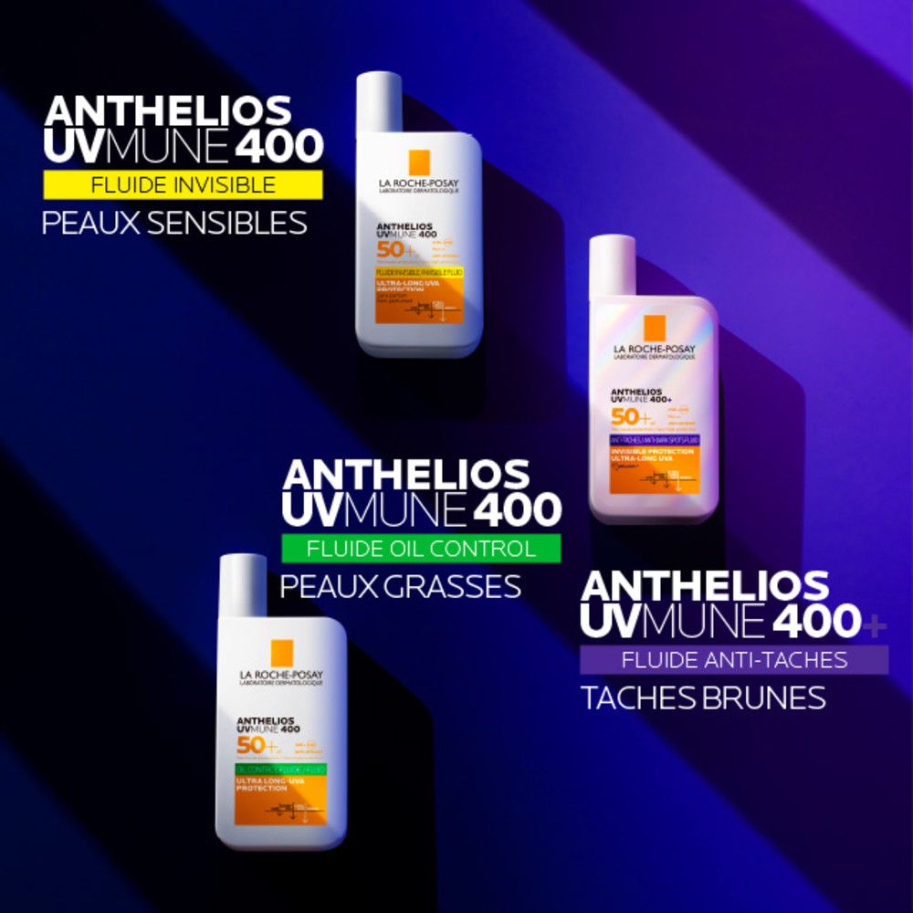 Trois flacons. Texte: Anthelios UVMUNE 400+ Fluide. Pour peaux sensibles, grasses et taches brunes.