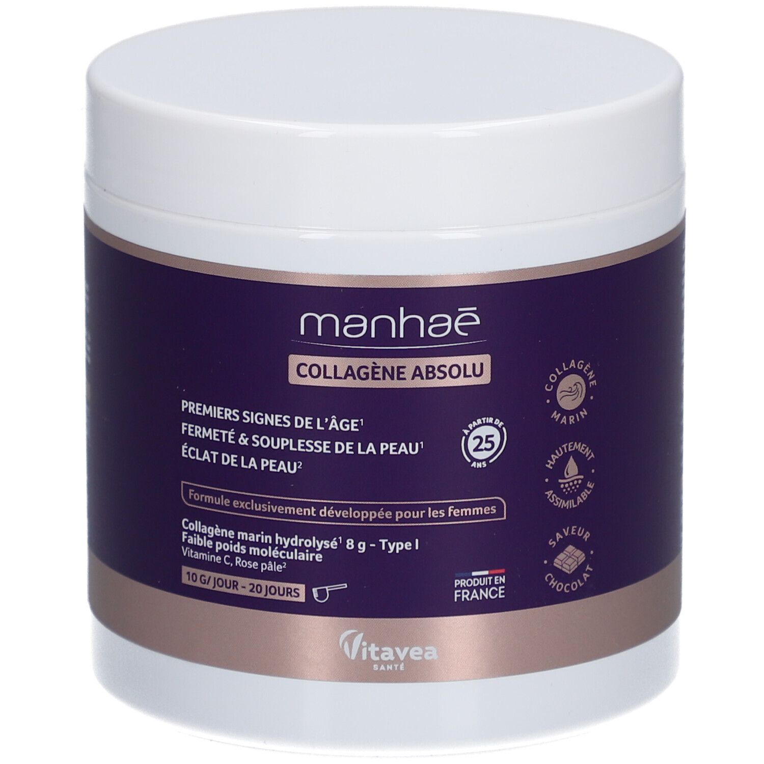 Pot blanc avec étiquette violette. Inscription: Manhaé Collagène Absolu. Contient collagène marin, vitamine C et pétales de rose.