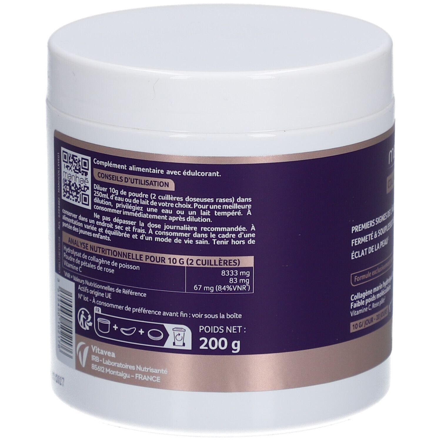 Dos du pot blanc. Contient des informations d'utilisation et une analyse nutritionnelle. Poids : 200 g.