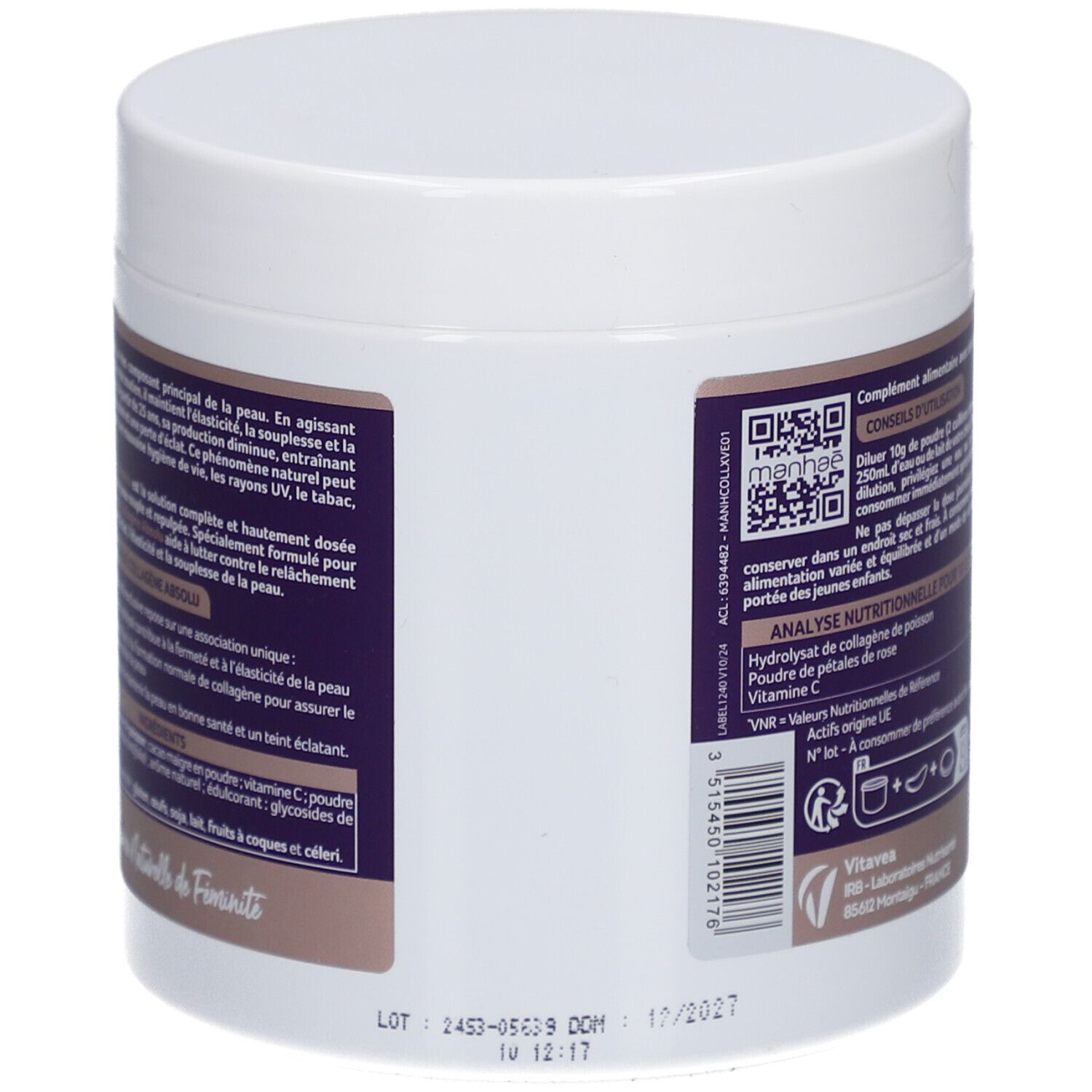 Pot blanc avec étiquette violette. Inscription: Manhaé Collagène Absolu. Contient des informations d'utilisation et une analyse nutritionnelle.