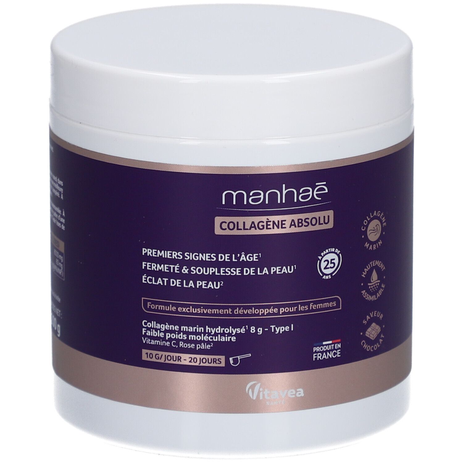 Pot blanc avec étiquette violette. Inscription: Manhaé Collagène Absolu. Contient collagène marin, vitamine C et pétales de rose.