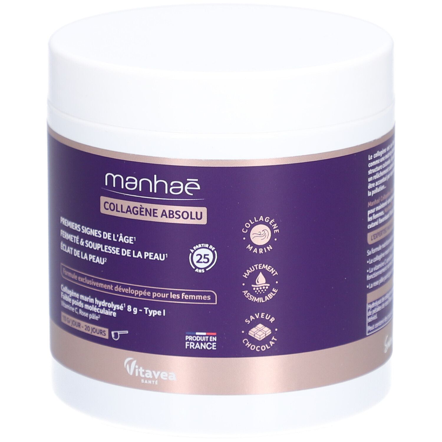 Pot blanc avec étiquette violette. Inscription: Manhaé Collagène Absolu. Contient collagène marin, vitamine C et pétales de rose.