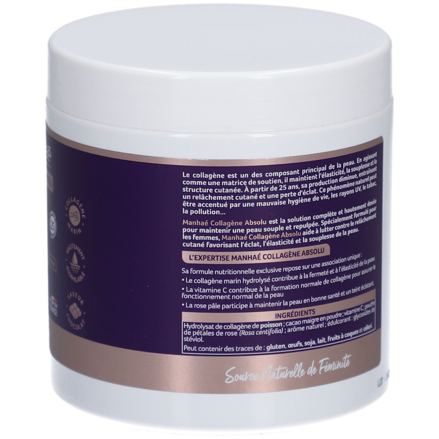 Dos du pot blanc. Texte sur les ingrédients et les bienfaits du collagène. Contient des informations sur les ingrédients.