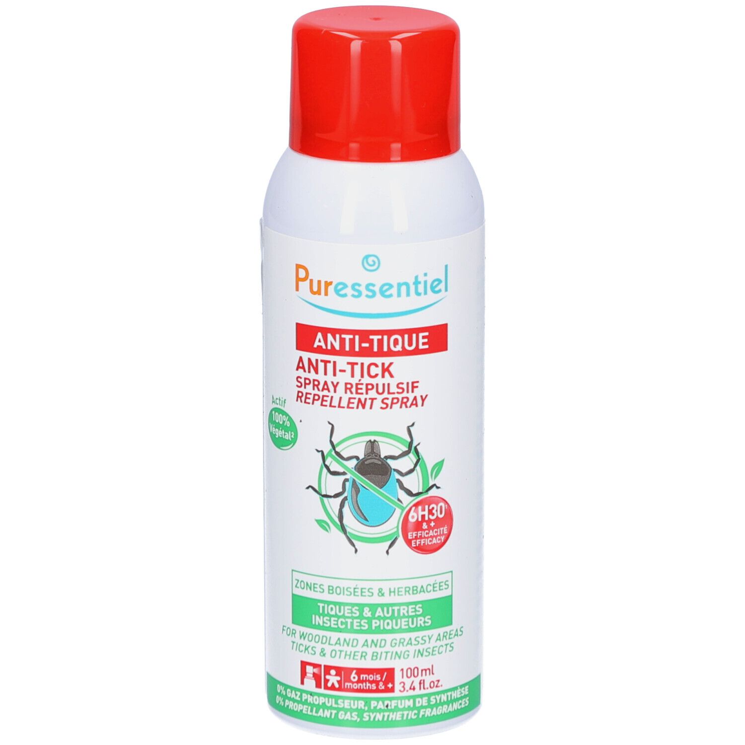 Spray blanc, bouchon rouge. Inscription: PURESSENTIEL ANTI-TIQUE. Illustration de tique. 100% végétal.