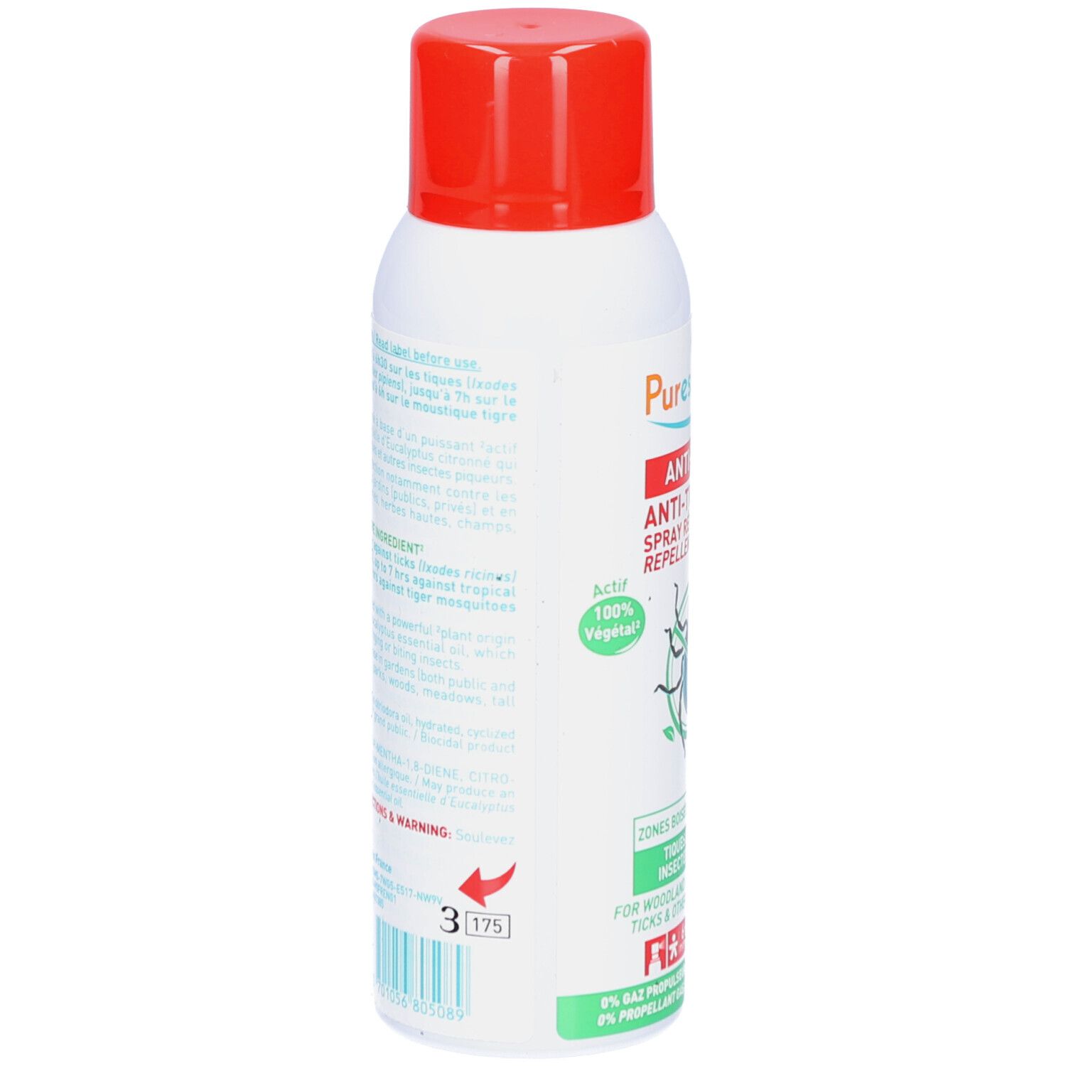 Dos du spray. Informations textuelles et avertissements. Ingrédients. Code-barres.