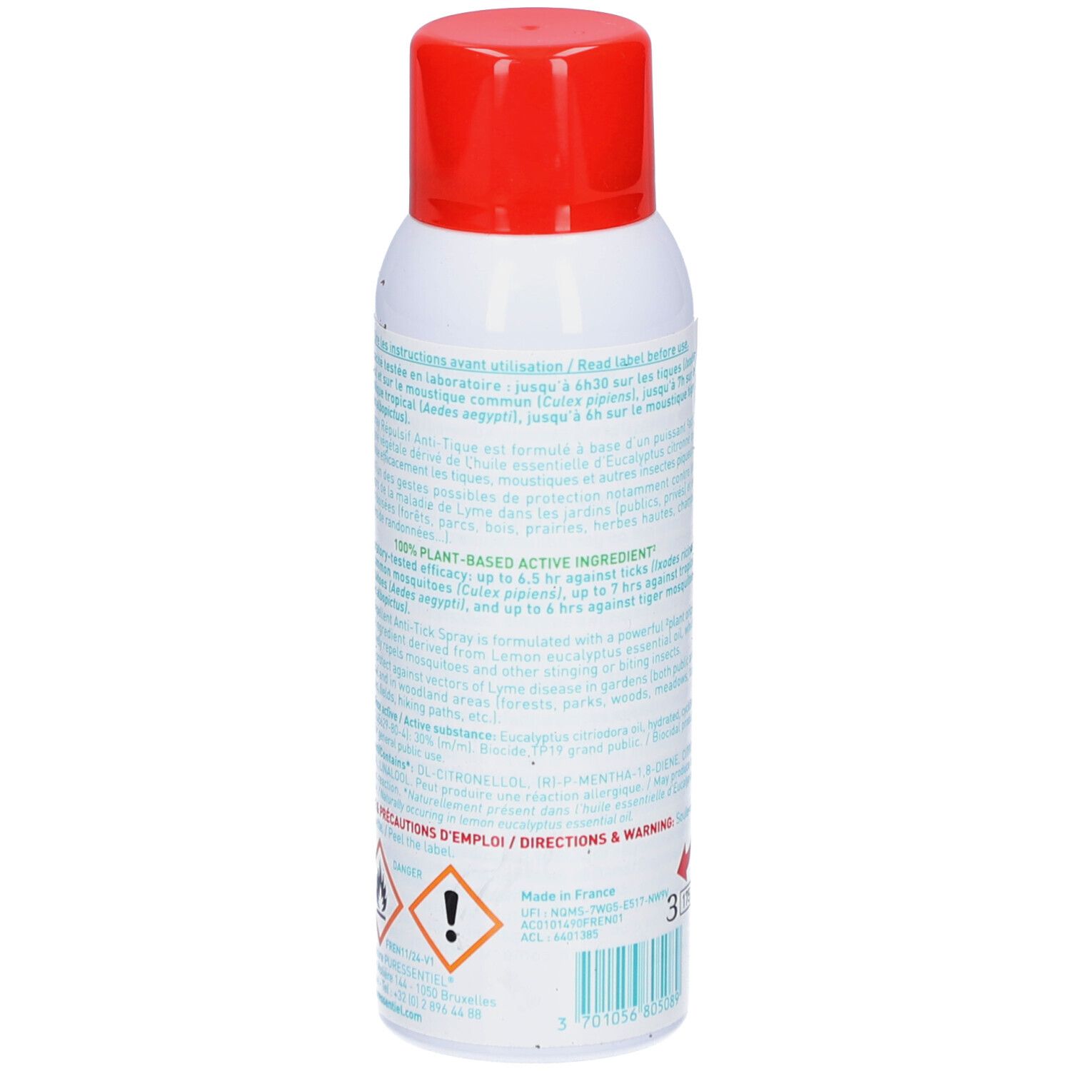 Dos du spray. Informations textuelles et avertissements. Symboles de danger.