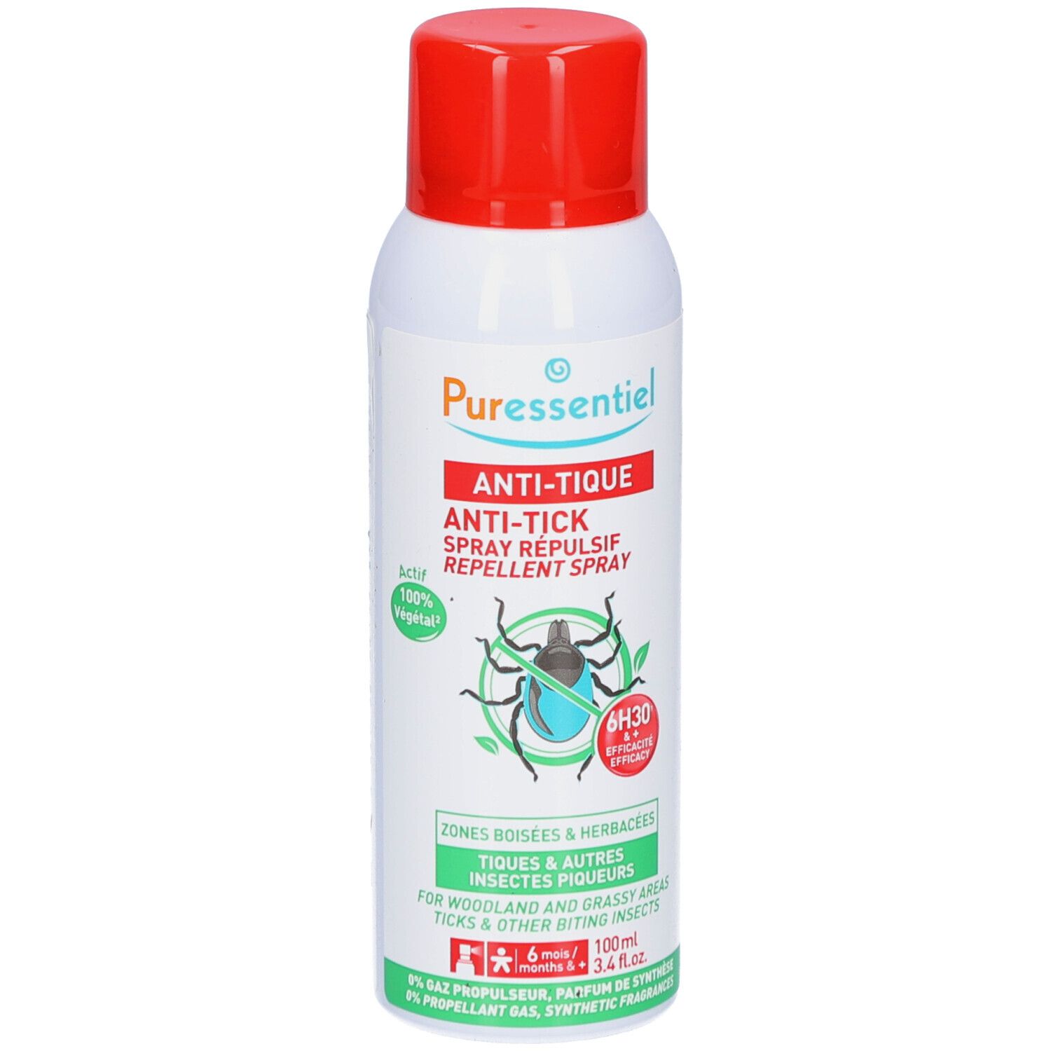Spray blanc, bouchon rouge. Inscription: PURESSENTIEL ANTI-TIQUE. Illustration de tique. 100% végétal.