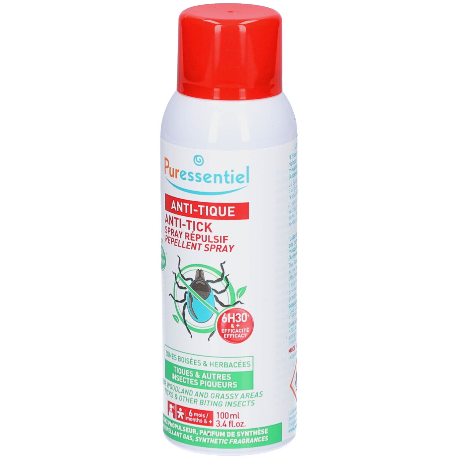 Spray blanc, bouchon rouge. Inscription: PURESSENTIEL ANTI-TIQUE. Illustration de tique. 100% végétal.