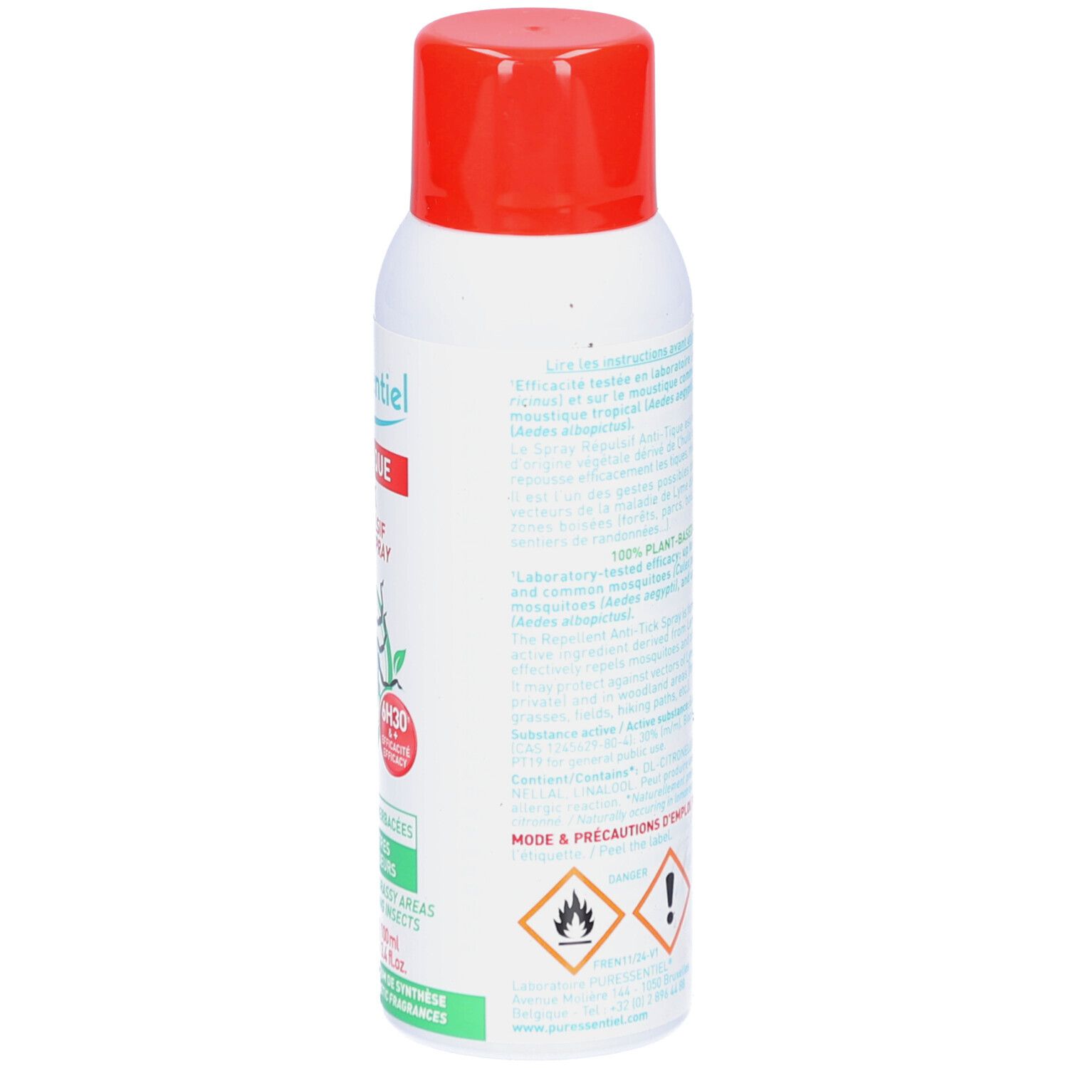 Dos du spray. Informations textuelles et avertissements. Symboles de danger.