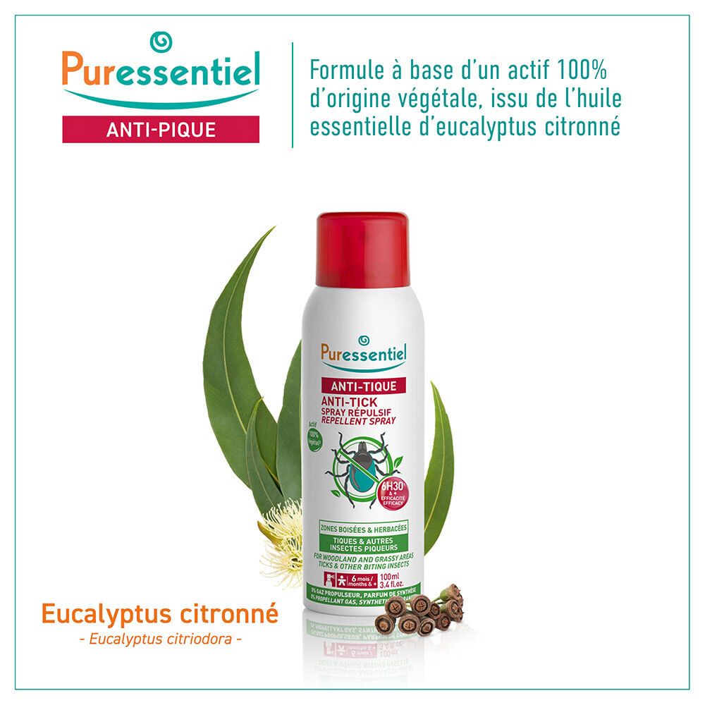 Spray Puressentiel Anti-Tique à l'huile d'eucalyptus citronné. Formule 100% végétale.