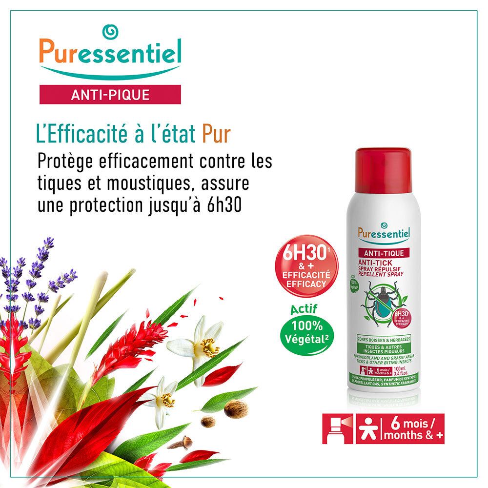 Spray Puressentiel Anti-Tique: Protection jusqu'à 6h. Efficacité 100% végétale.