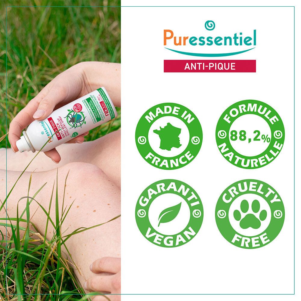 Spray Puressentiel Anti-Tique: Fabriqué en France. Vegan, cruelty-free.