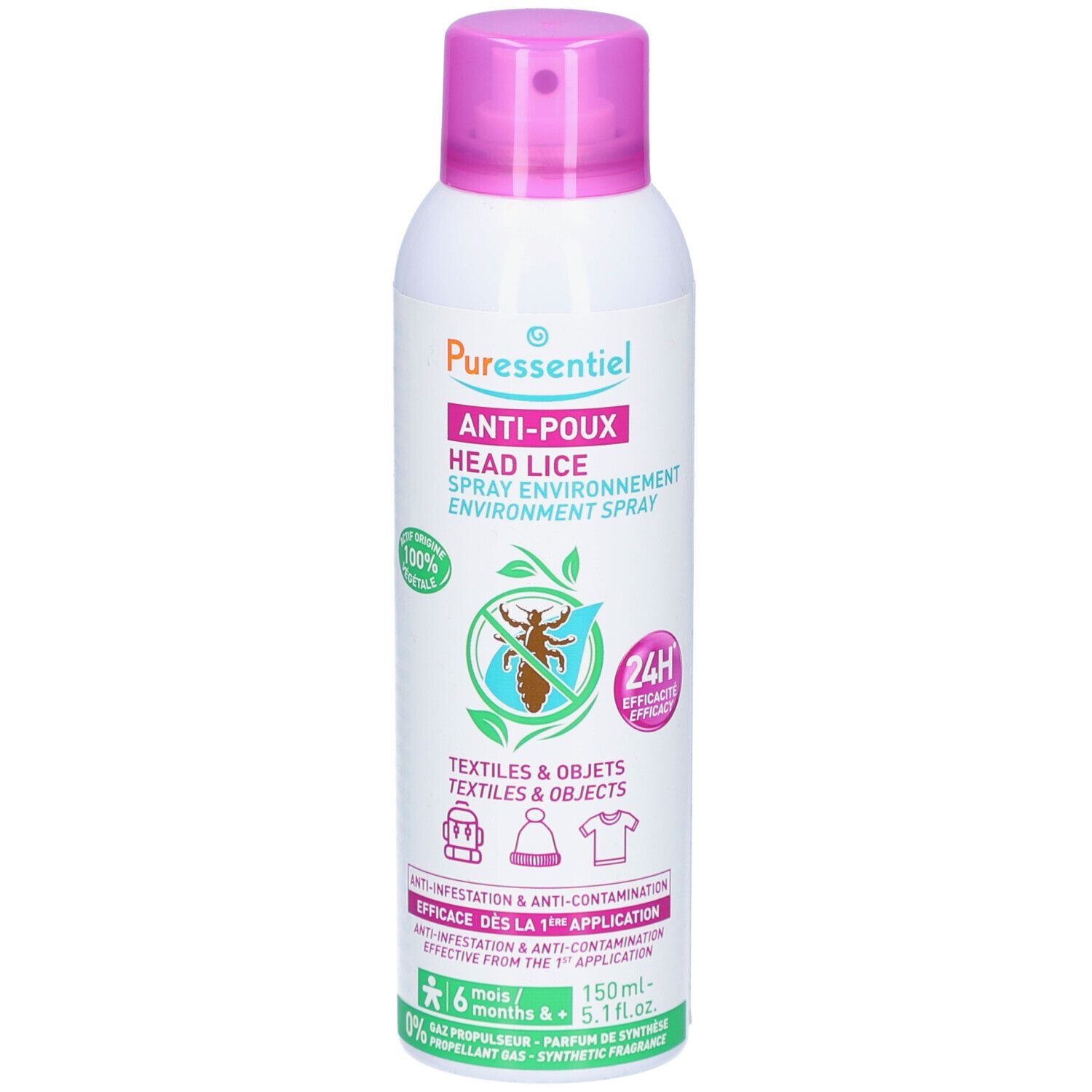 Spray blanc et rose. Inscription: PURESSENTIEL, Anti-Poux, Head Lice, Spray Environnement. Logo: feuille et insecte.