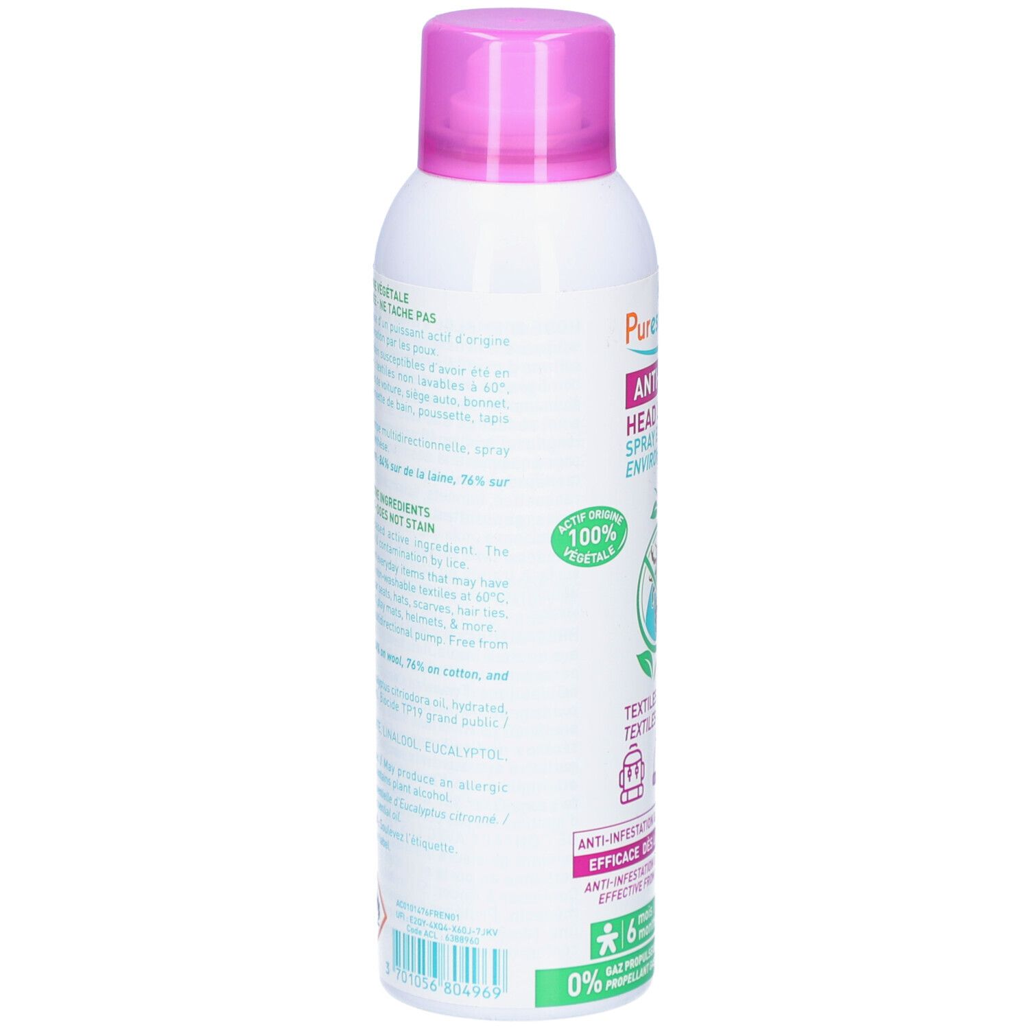 Dos du spray blanc et rose. Texte: ingrédients, conseils d'utilisation. Logo: 100% d'origine végétale.