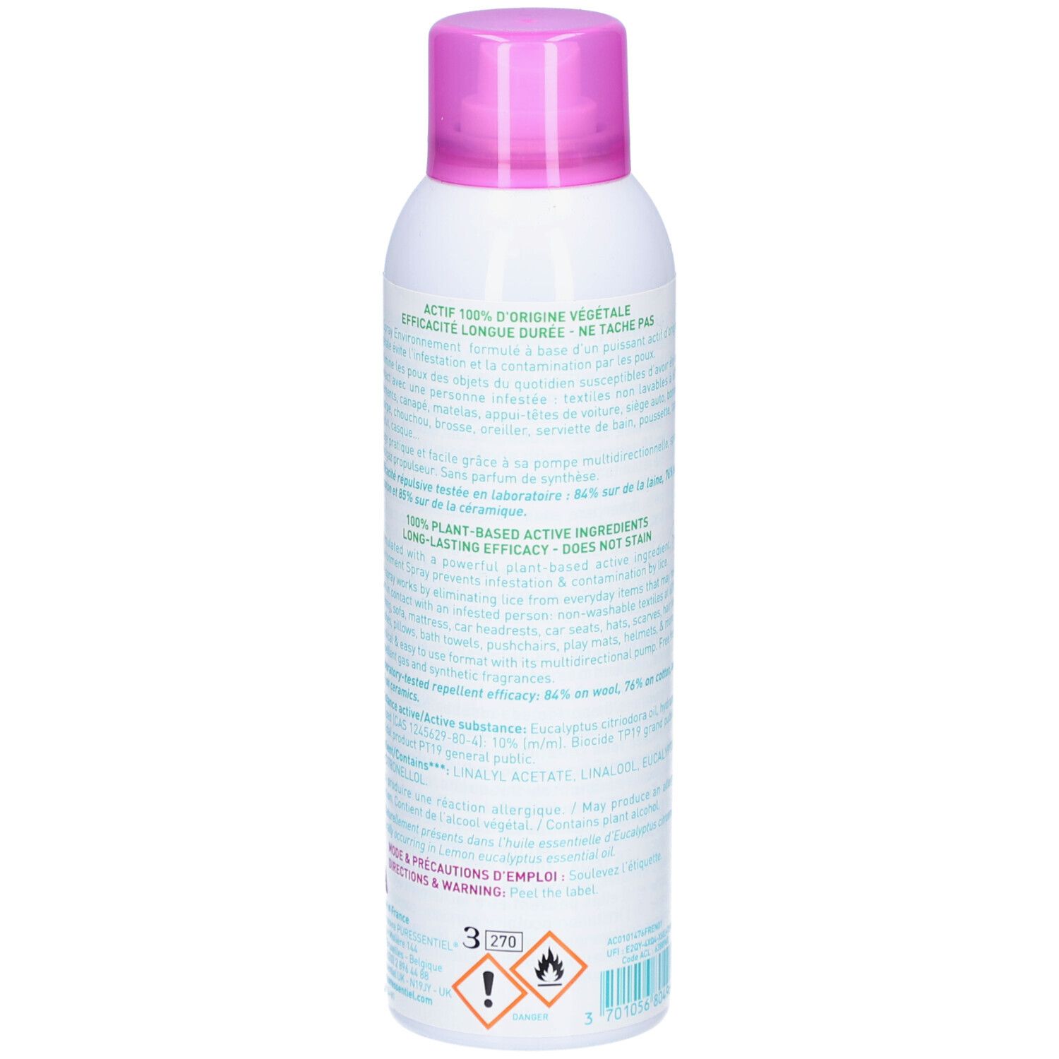 Dos du spray blanc et rose. Texte: ingrédients actifs, avertissements. Logos: 3, flamme, point d'exclamation.