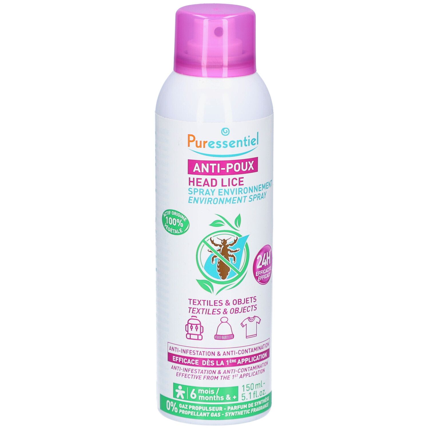 Spray blanc et rose. Inscription: PURESSENTIEL, Anti-Poux, Head Lice, Spray Environnement. Logo: feuille et insecte.