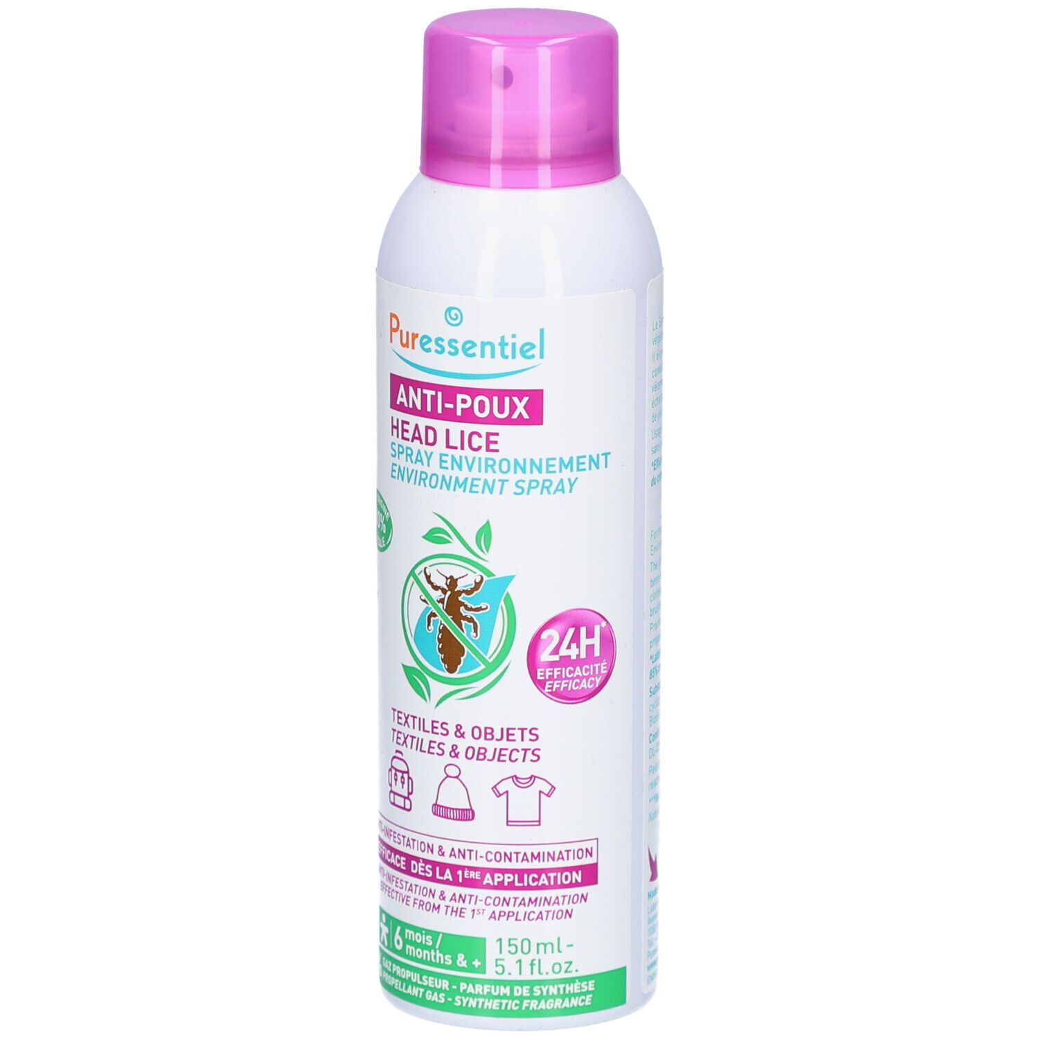 Spray blanc et rose. Inscription: PURESSENTIEL, Anti-Poux, Head Lice, Spray Environnement. Logo: feuille et insecte.