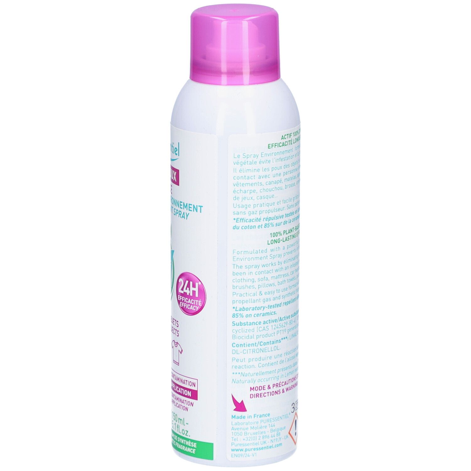 Dos du spray blanc et rose. Texte: ingrédients actifs, avertissements. Logos: 24H, 6 mois, 0%.