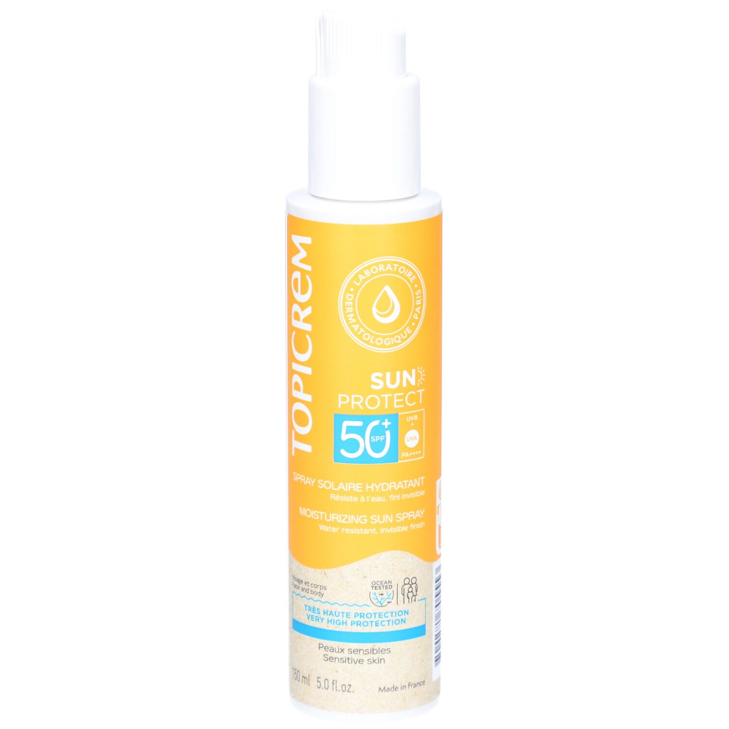Flacon de spray solaire blanc et jaune. Texte: TOPICREM, SUN PROTECT 50, Spray Solaire Hydratant. Protection haute, peau sensible.