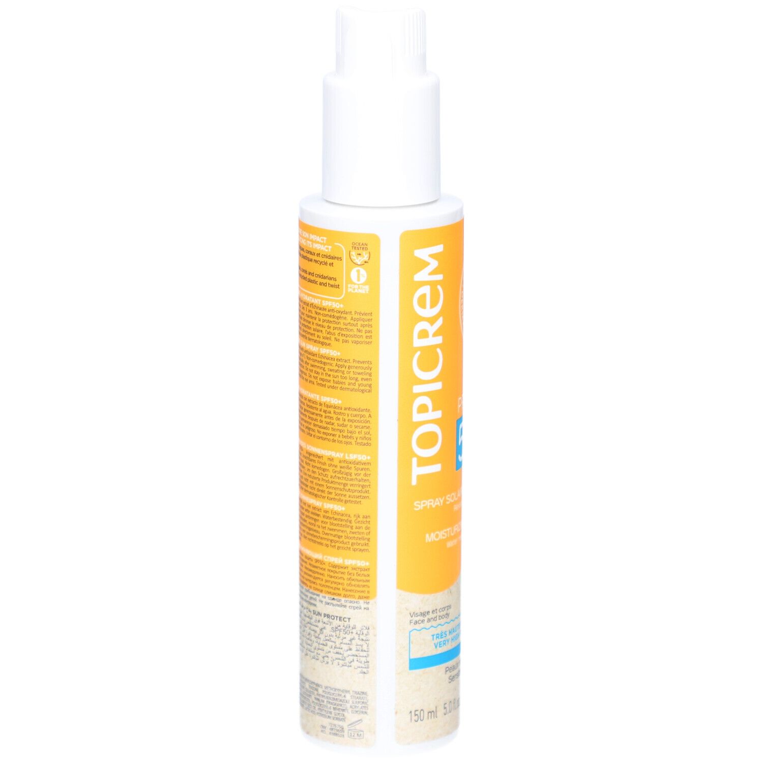 Flacon de spray solaire blanc et jaune. Dos avec texte. TOPICREM, Spray Solaire Hydratant, 150 ml. Protection haute, peau sensible.