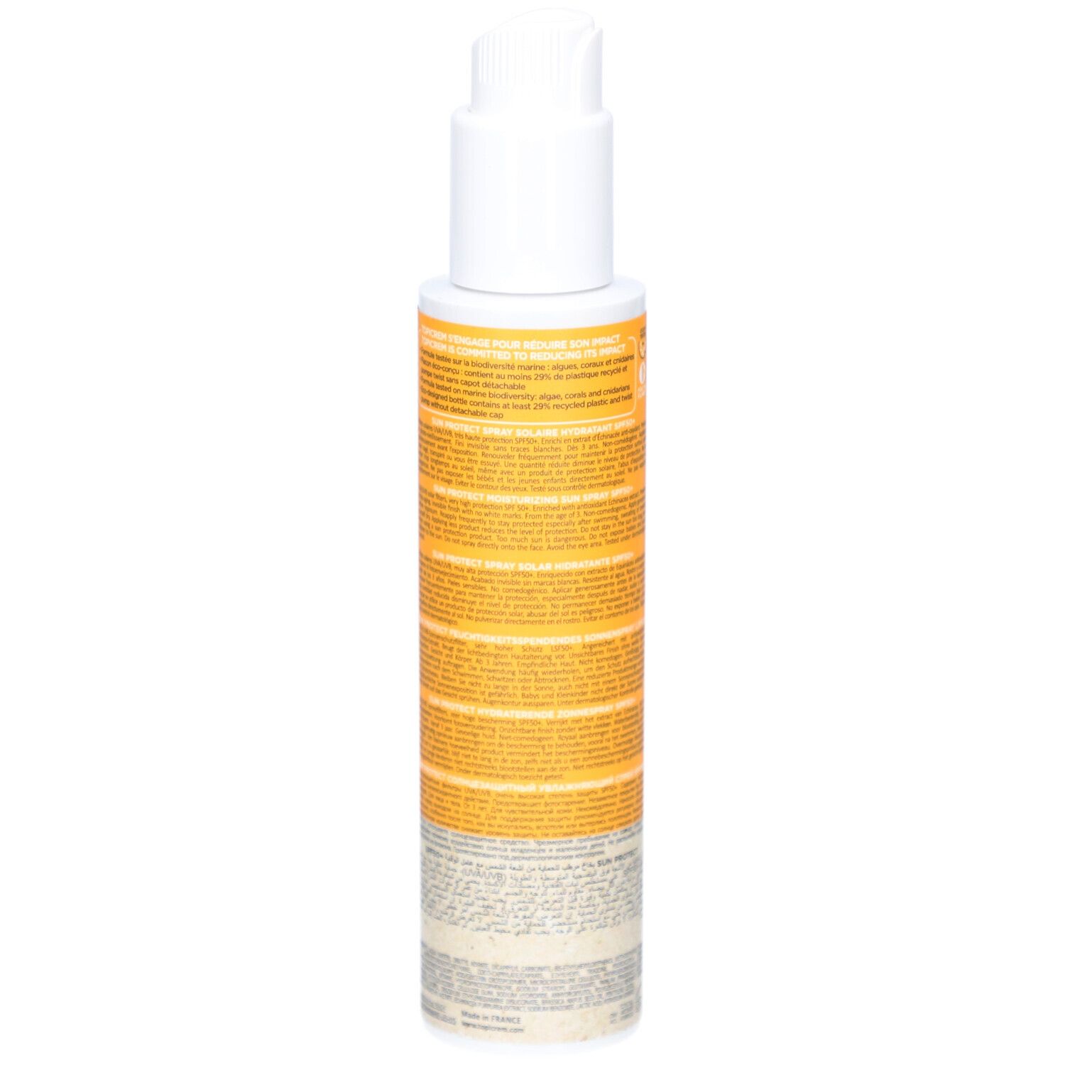 Dos d'un flacon de spray solaire avec étiquette jaune et blanche. Texte. TOPICREM, Spray Solaire Hydratant. Ingrédients, instructions.