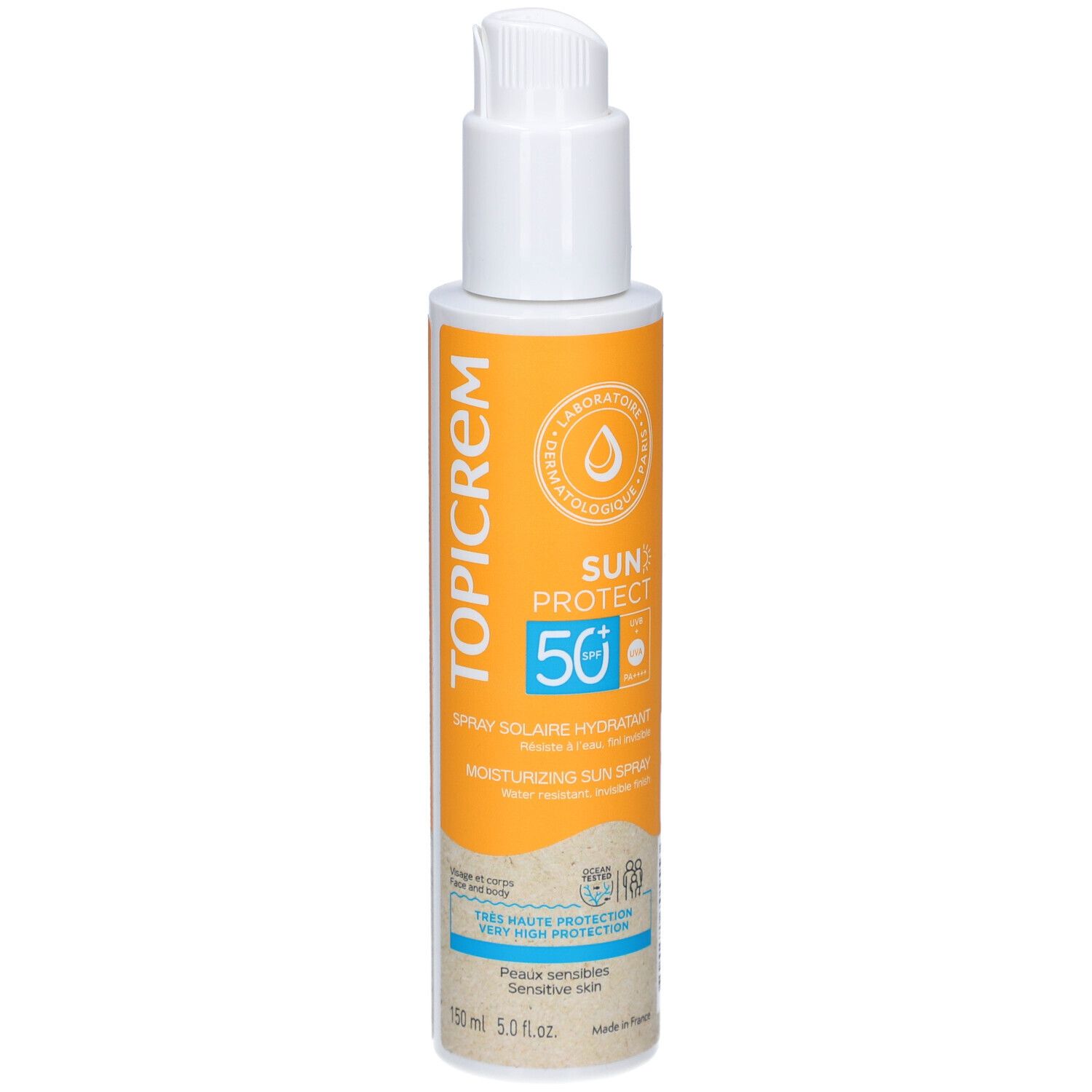 Flacon de spray solaire blanc et jaune. Texte: TOPICREM, SUN PROTECT 50, Spray Solaire Hydratant. Protection haute, peau sensible.