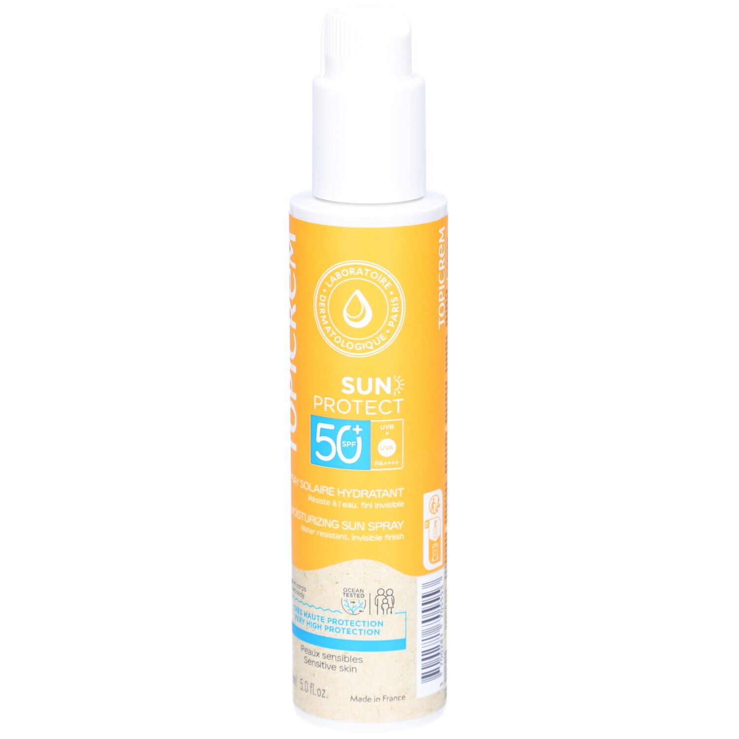 Flacon de spray solaire blanc et jaune. Texte: TOPICREM, SUN PROTECT 50, Spray Solaire Hydratant. Protection haute, peau sensible.