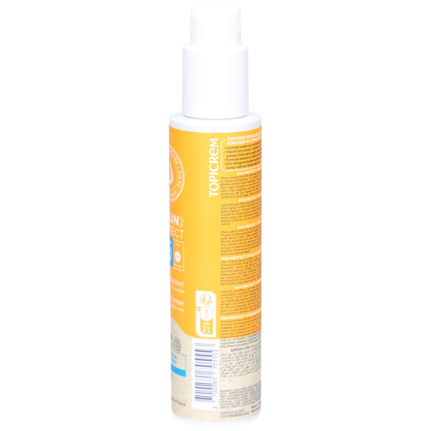 Dos d'un flacon de spray solaire avec étiquette jaune et blanche. Texte. TOPICREM, Spray Solaire Hydratant. Ingrédients, instructions.