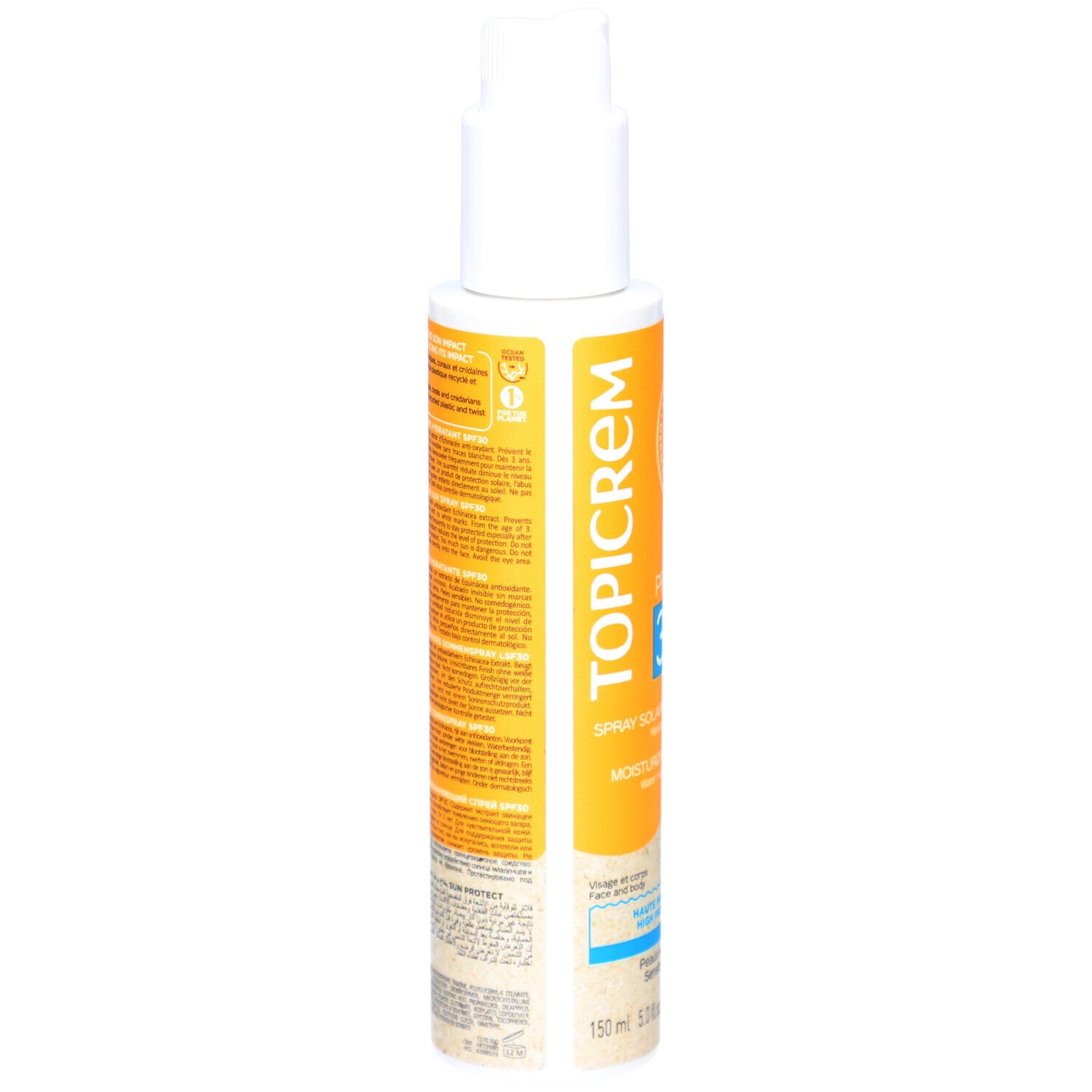 Dos d'un flacon de spray solaire. Étiquette jaune avec texte. Bouchon blanc. Texte: TOPICREM, Spray Solaire Hydratant.