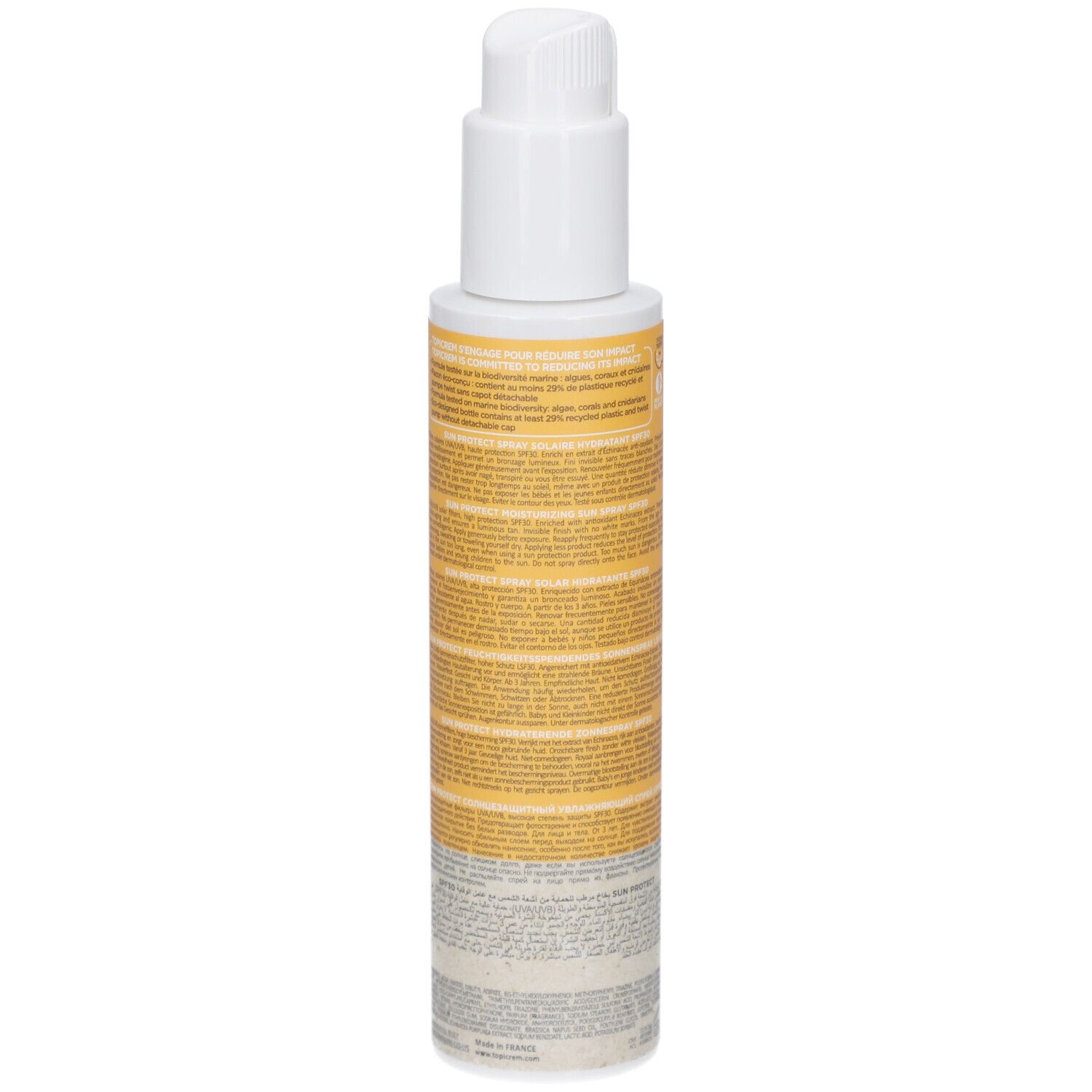 Dos d'un flacon de spray solaire. Étiquette jaune avec texte. Bouchon blanc. Texte.