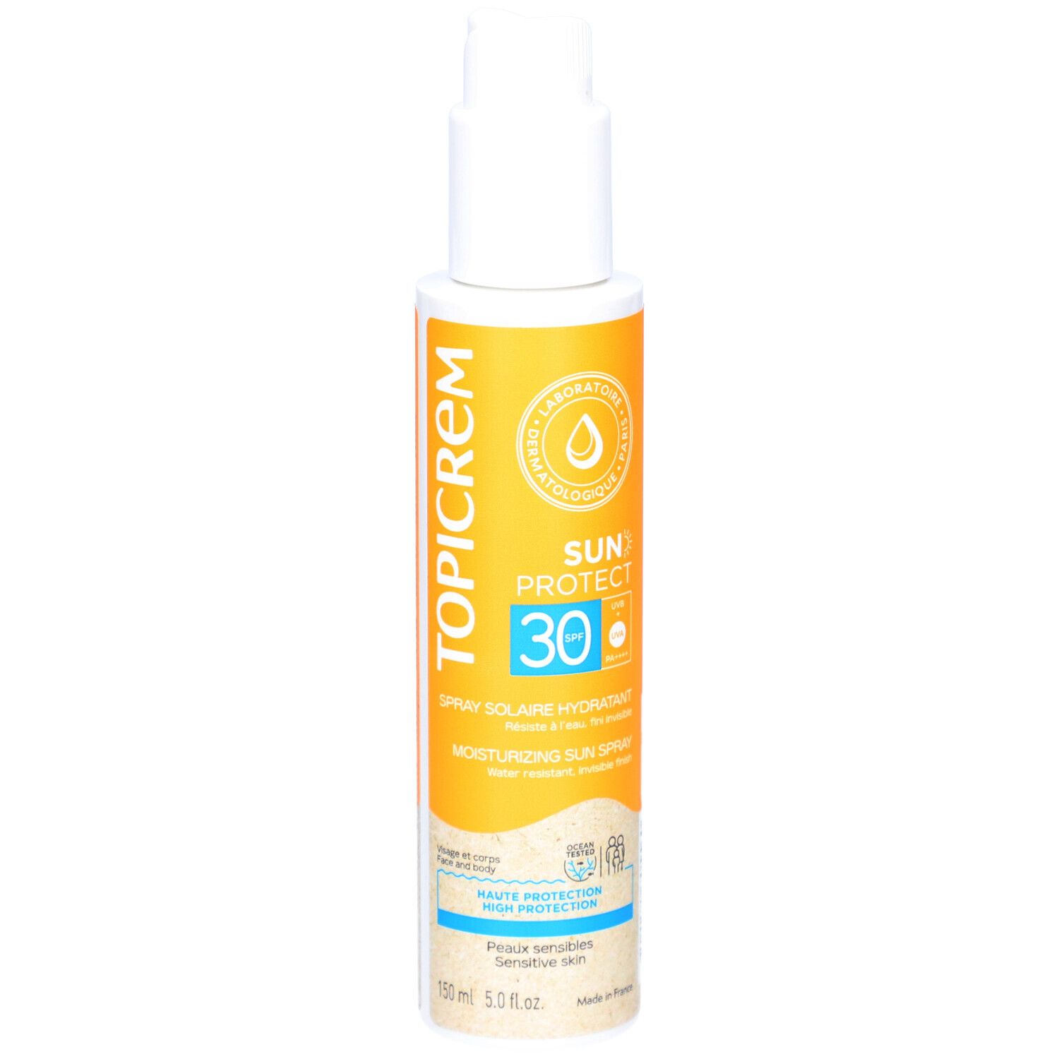 Spray solaire avec bouchon blanc et étiquette jaune et blanche. Texte: TOPICREM, SUN PROTECT 30, Spray Solaire Hydratant.