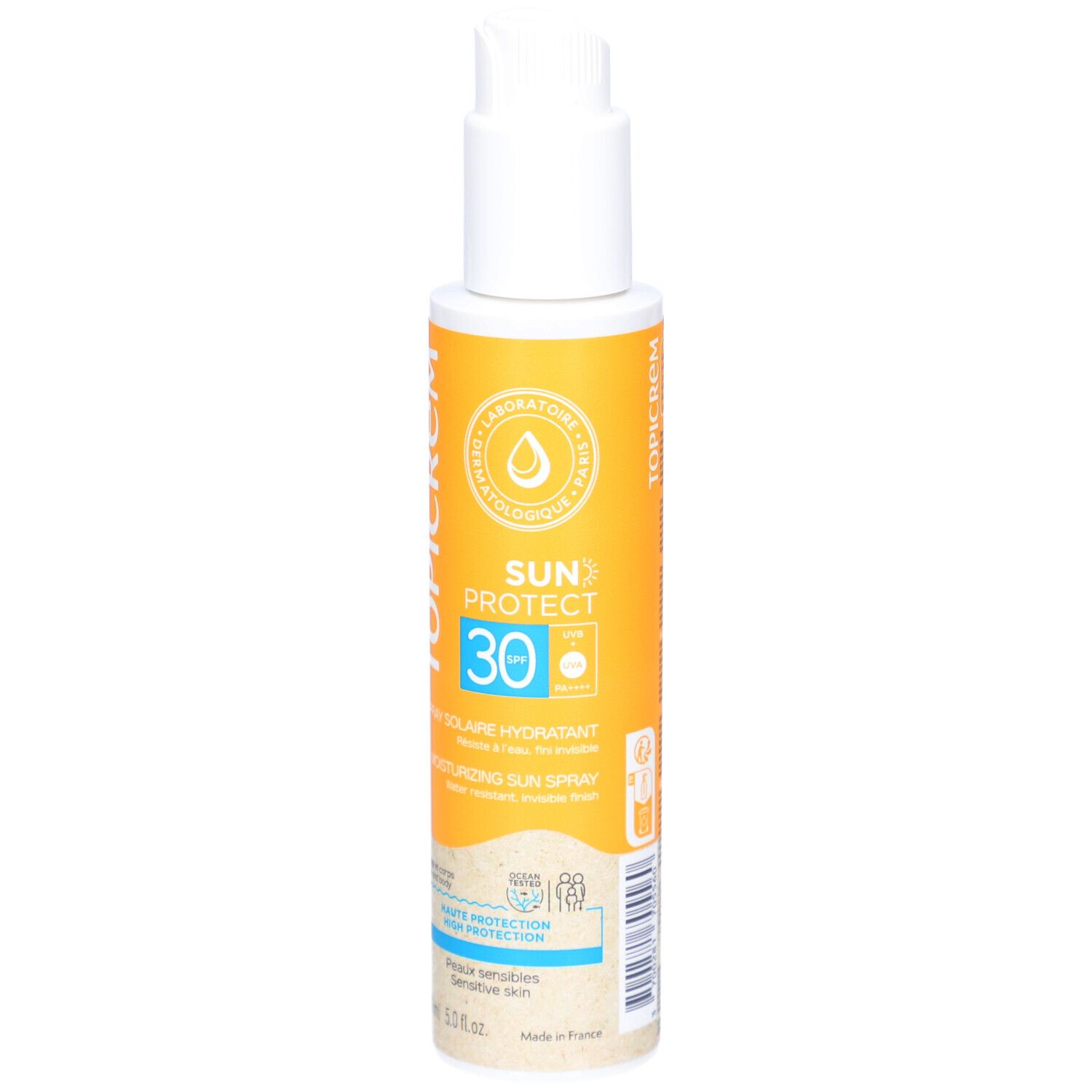 Spray solaire avec bouchon blanc et étiquette jaune et blanche. Texte: TOPICREM, SUN PROTECT 30, Spray Solaire Hydratant.