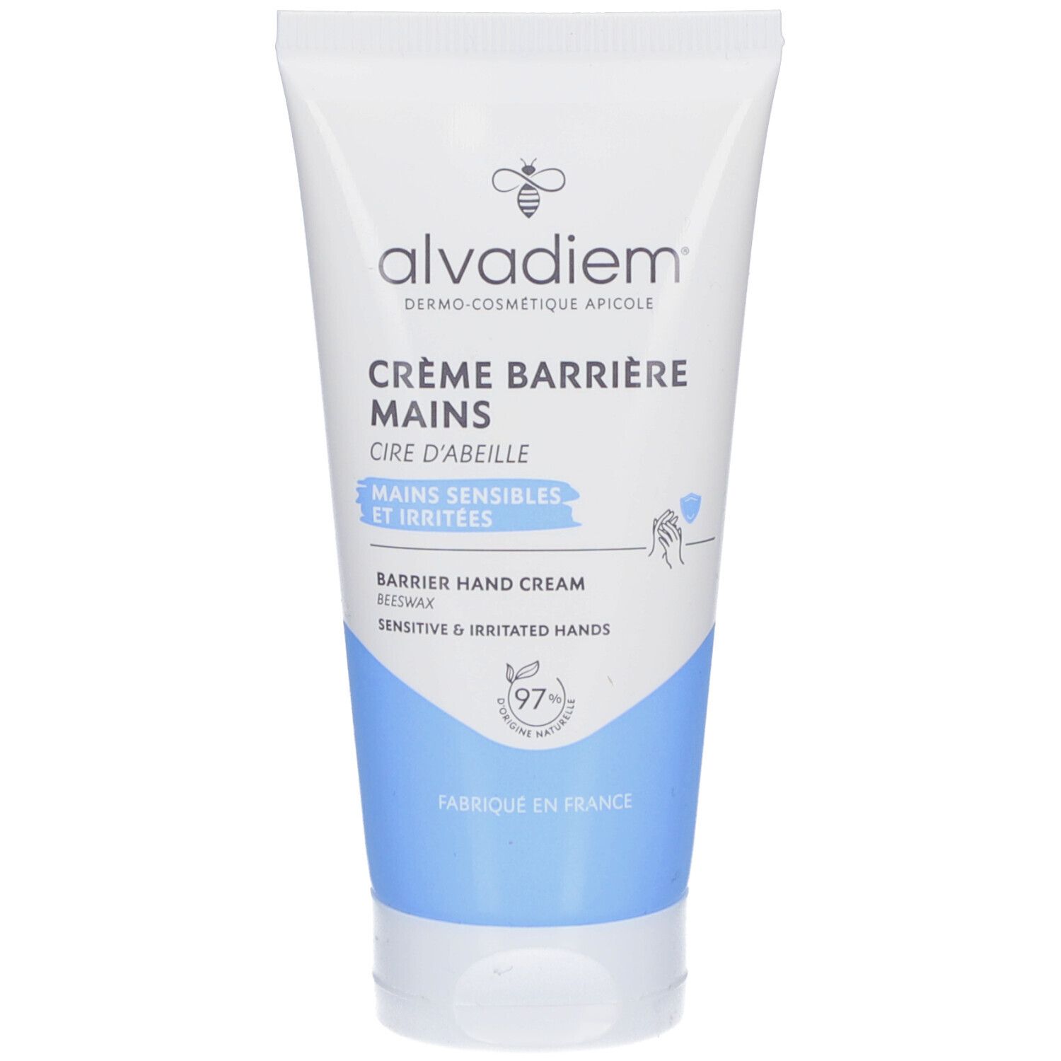 Tube blanc et bleu. Inscription: ALVADIEM Crème Barrière Mains. Cire d'abeille. Pour mains sensibles et irritées. 97% d'ingrédients naturels.