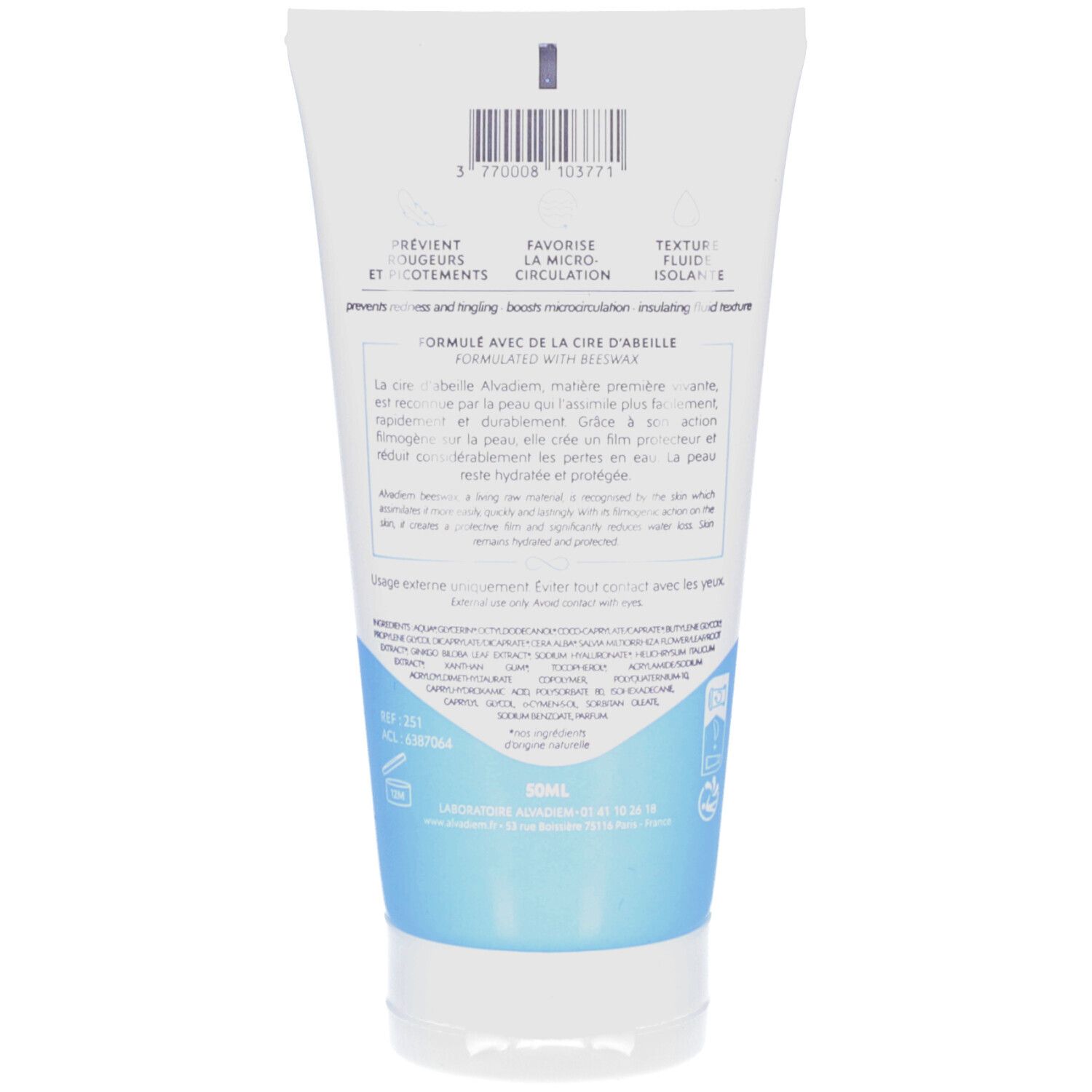 Dos du tube. Texte: Formule à la cire d'abeille. Ingrédients. Volume: 50ml. Fabriqué en France. Prévient rougeurs et picotements.