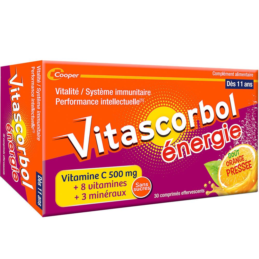 Boîte de COOPER Vitascorbol Energie, 30 comprimés effervescents, goût orange.