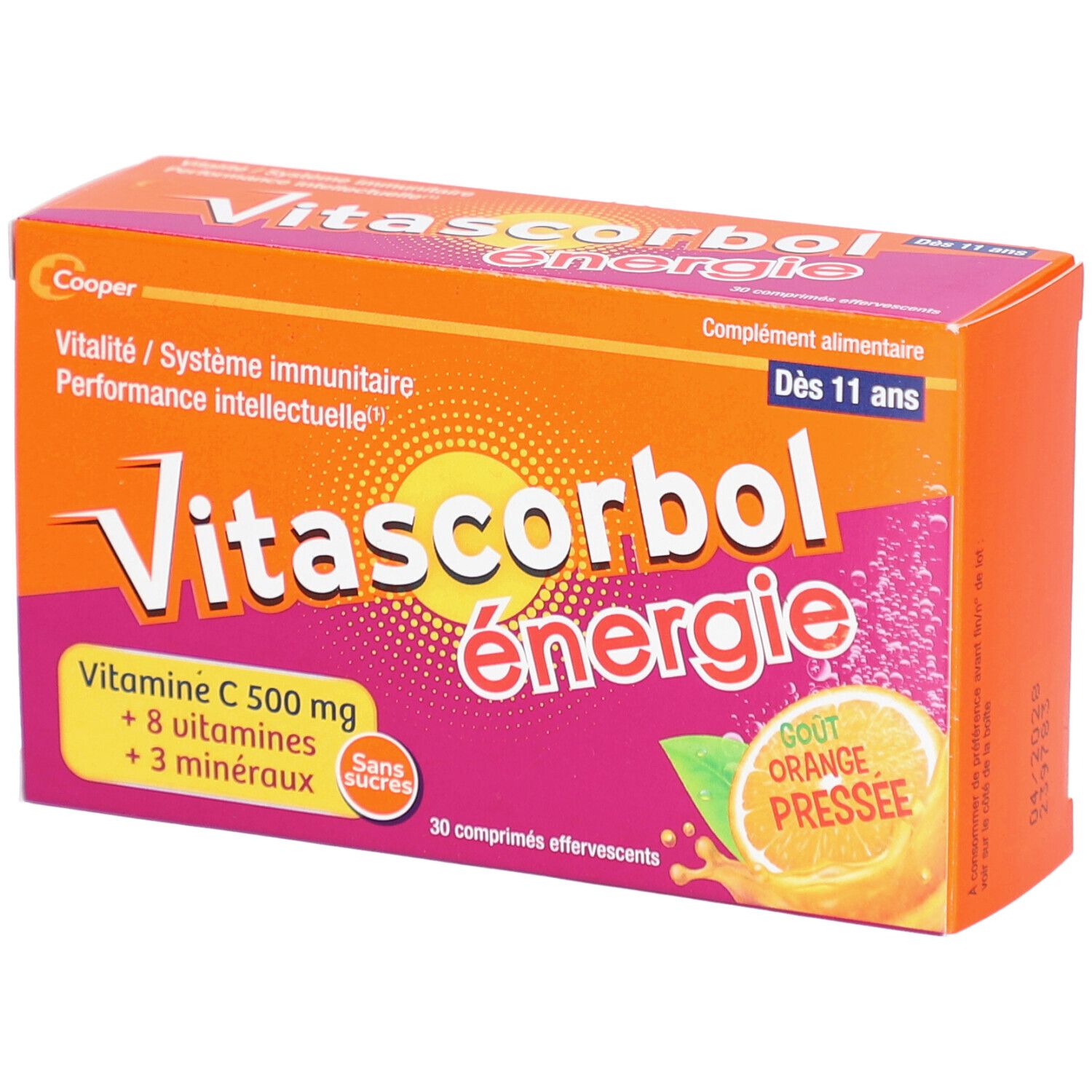 Boîte de Vitascorbol Energie, 30 comprimés effervescents. Vitamine C, 8 vitamines, 3 minéraux. Goût orange pressée.
