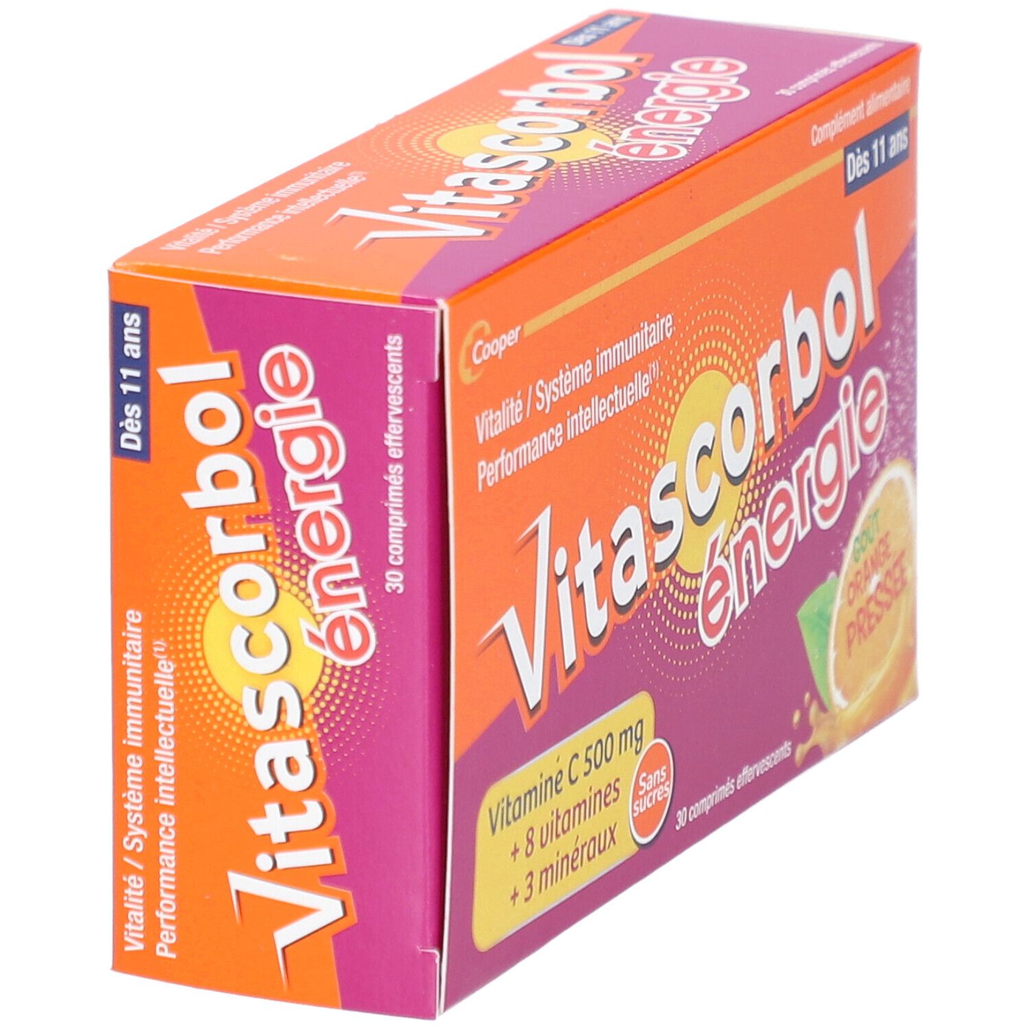 Boîte de Vitascorbol Energie en biais. Contient 30 comprimés. Design orange avec nom et logo du produit.