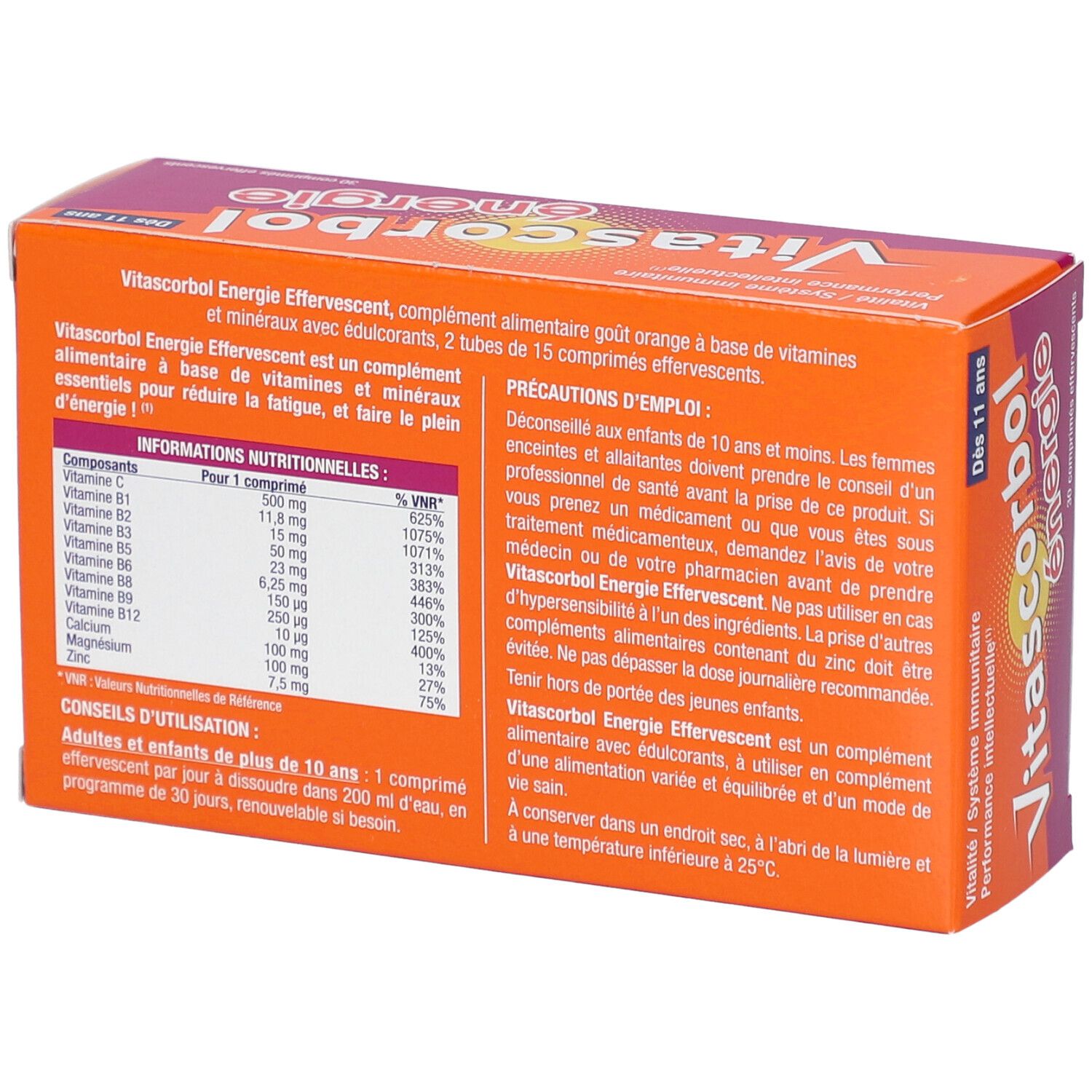 Dos de la boîte Vitascorbol Energie. Informations nutritionnelles et conseils d'utilisation. Texte en français.